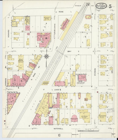 Sanborn Fire Insurance Map from Petoskey, Emmet County, Michigan (1913), Sheet #0005 - Historic Sanborn Fire Insurance Map Print, vintage old map wall art, antique decor, genealogy gift, Michigan Michigan map