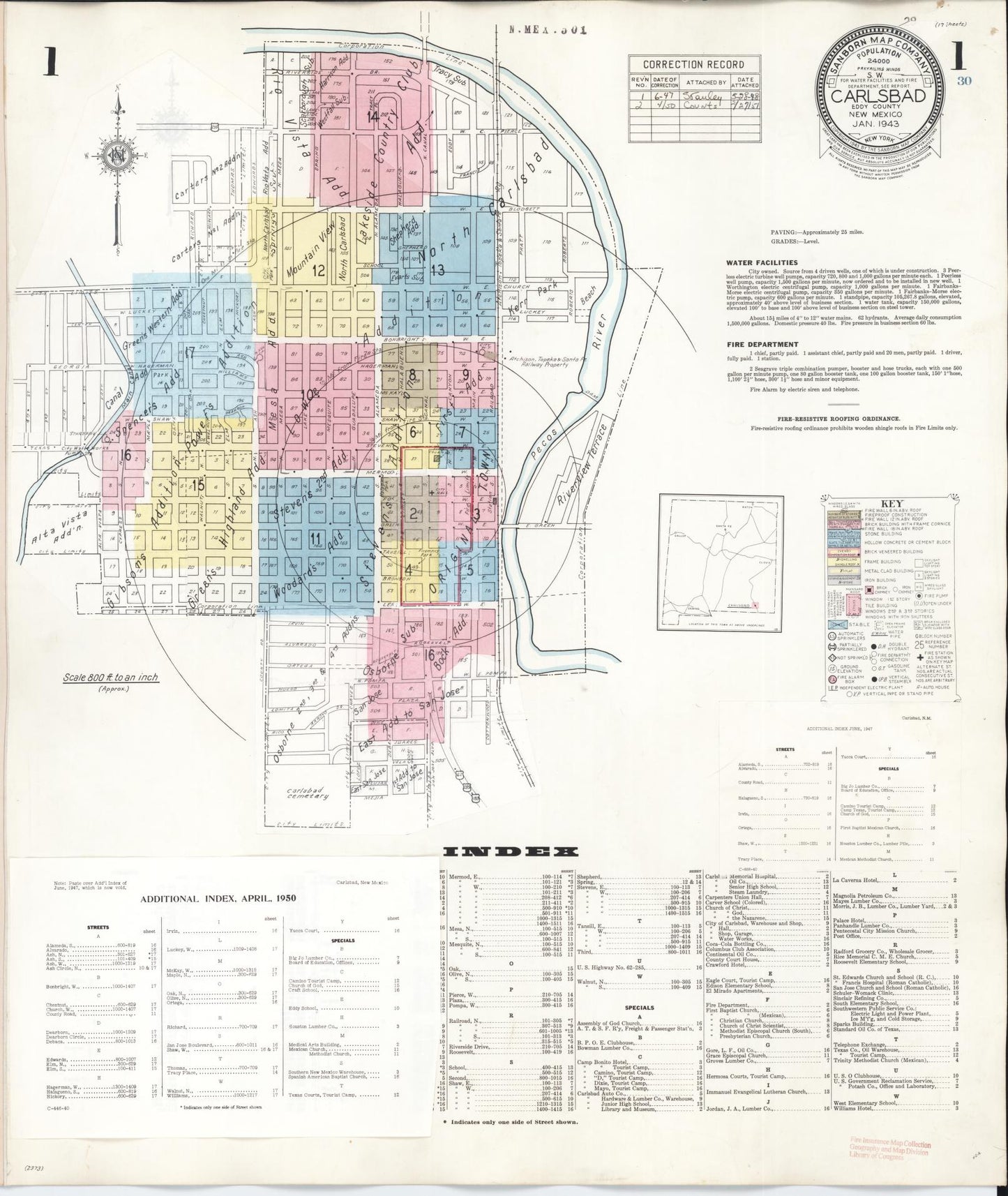 Sanborn Fire Insurance Map from Carlsbad, Eddy County, New Mexico (1950), Sheet #0001 - Historic Sanborn Fire Insurance Map Print, vintage old map wall art, antique decor, genealogy gift, New Mexico New Mexico map