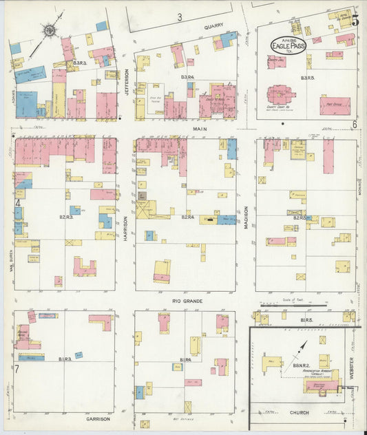 Sanborn Fire Insurance Map from Eagle Pass, Maverick County, Texas (1916), Sheet #0005 - Historic Sanborn Fire Insurance Map Print, vintage old map wall art, antique decor, genealogy gift, Texas Texas map