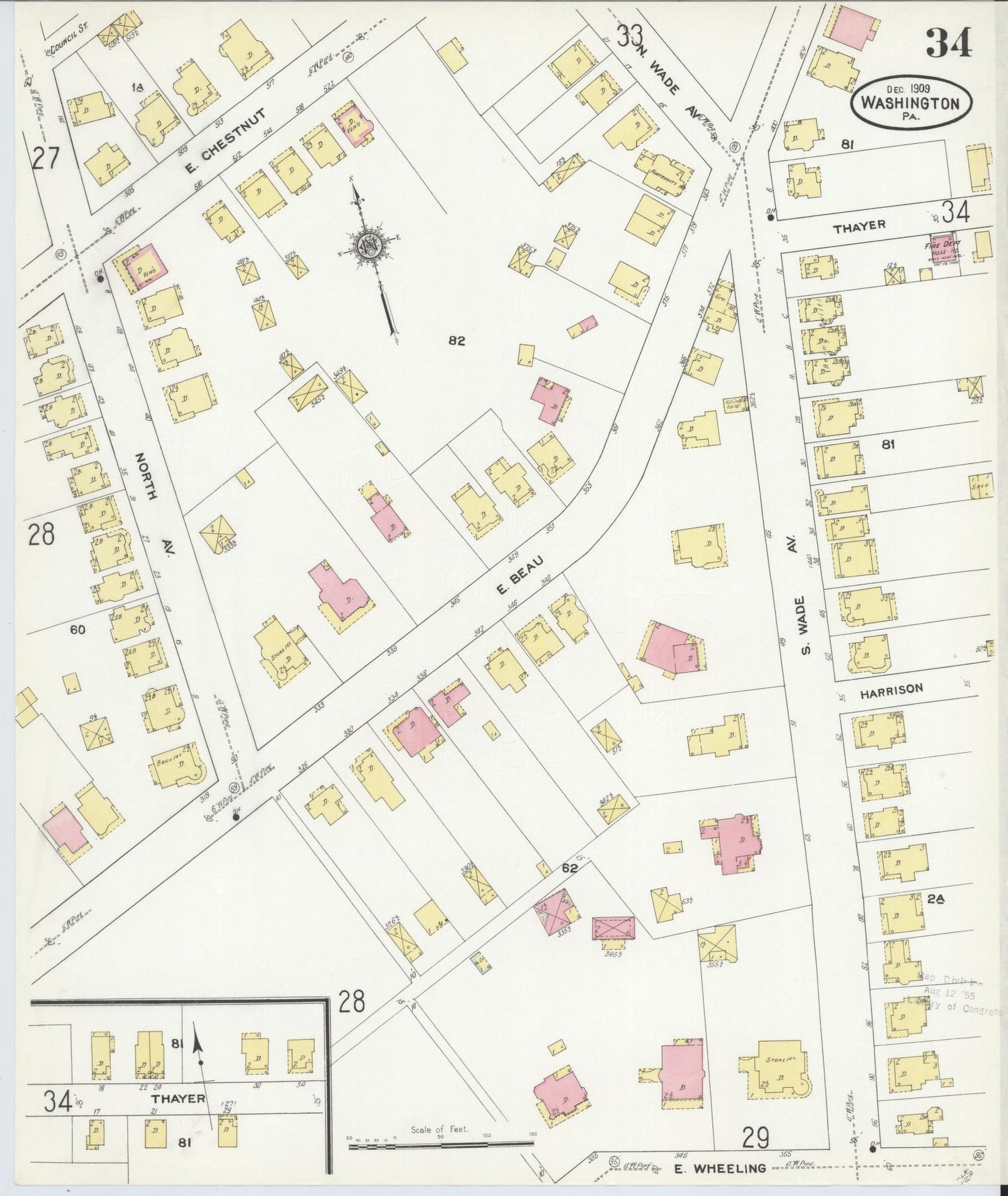 Sanborn Fire Insurance Map from Washington, Washington County, Pennsylvania (1909), Sheet #0034 - Historic Sanborn Fire Insurance Map Print, vintage old map wall art, antique decor, genealogy gift, Sanborn Fire Insurance Map from Washington Washington map