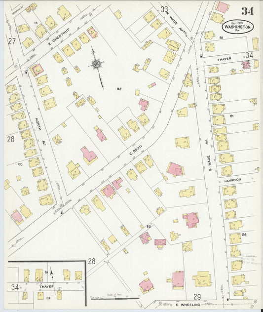 Sanborn Fire Insurance Map from Washington, Washington County, Pennsylvania (1909), Sheet #0034 - Historic Sanborn Fire Insurance Map Print, vintage old map wall art, antique decor, genealogy gift, Sanborn Fire Insurance Map from Washington Washington map