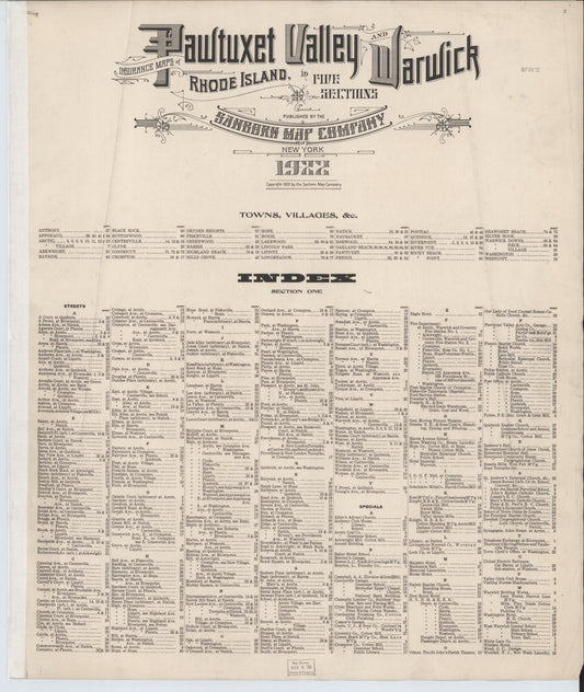 Sanborn Fire Insurance Map from Pawtuxet Valley and Warwick, Providence and Kent Counties, Rhode Island (Unknown), Sheet #0001 - Historic Sanborn Fire Insurance Map Print, vintage old map wall art, antique decor, genealogy gift, Washington Washington map