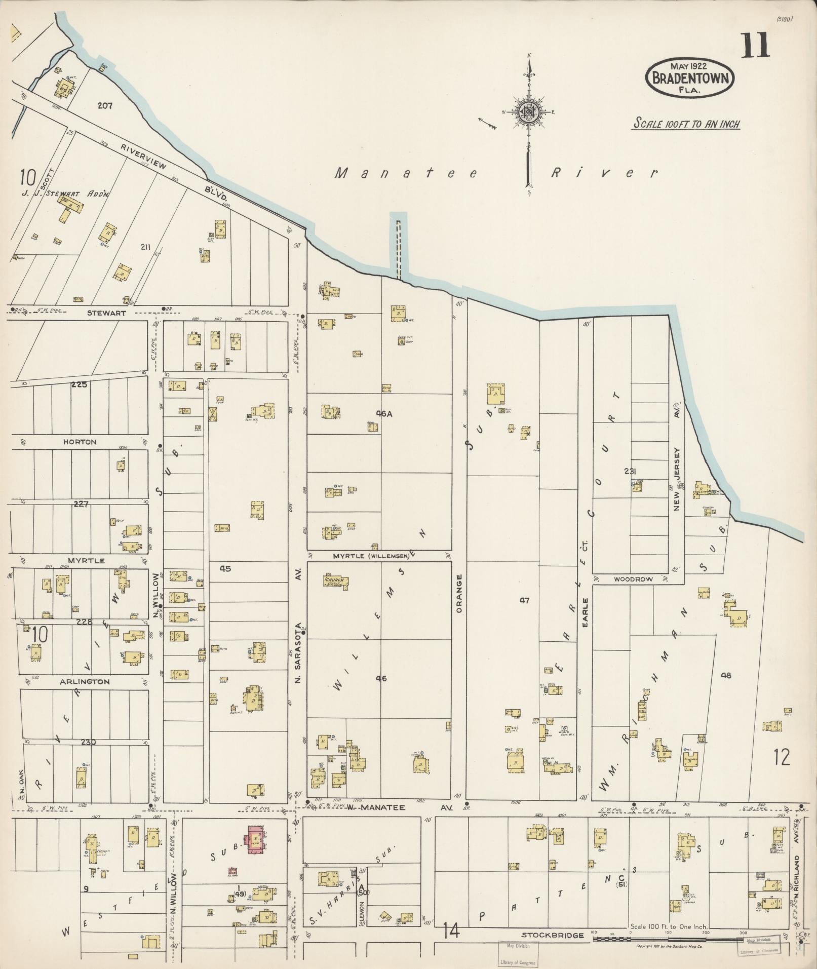 Sanborn Fire Insurance Map from Bradentown, Manatee County, Florida (1922), Sheet #0011 - Historic Sanborn Fire Insurance Map Print, vintage old map wall art, antique decor, genealogy gift, Florida Florida map