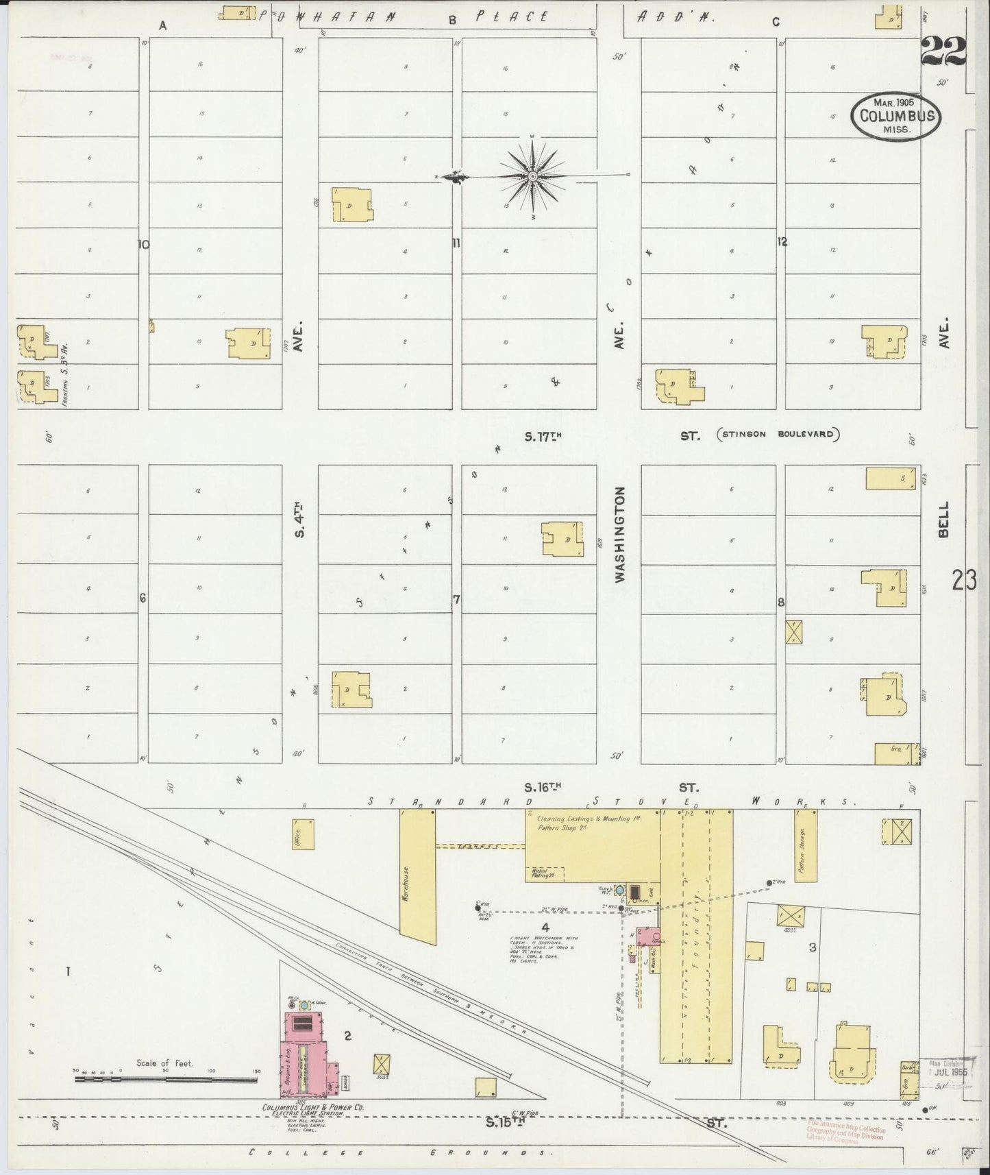 Sanborn Fire Insurance Map from Columbus, Lowndes County, Mississippi (1905), Sheet #0022 - Complete Map Set gallery image, historic Sanborn map, vintage wall art, Mississippi Mississippi