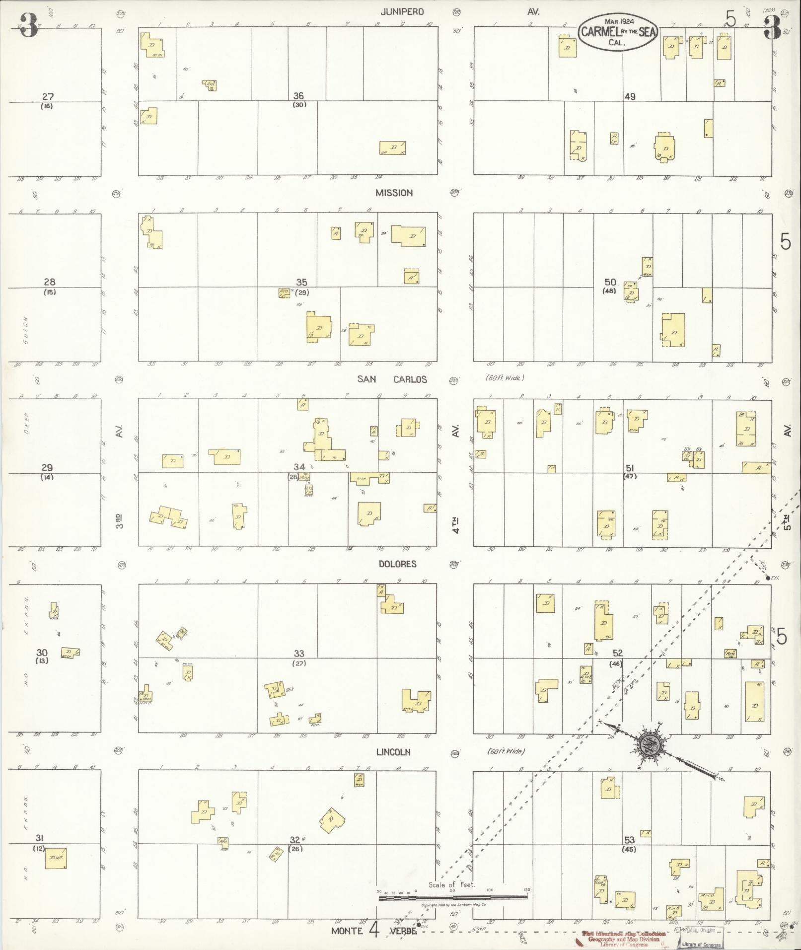 Sanborn Fire Insurance Map from Carmel By The Sea, Monterey County, California (1924), Sheet #0003 - Historic Sanborn Fire Insurance Map Print, vintage old map wall art, antique decor, genealogy gift, California California map