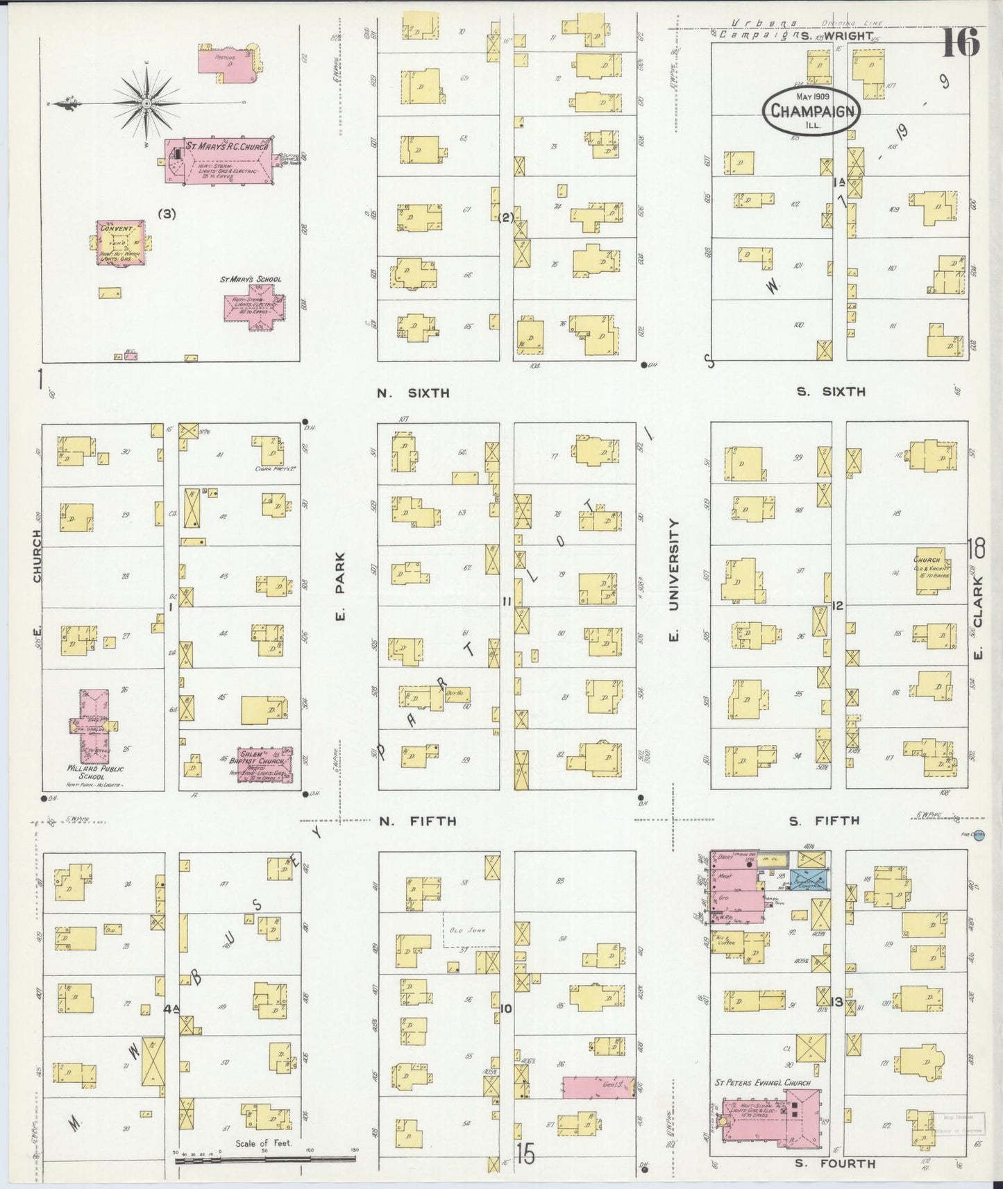 Sanborn Fire Insurance Map from Champaign, Champaign County, Illinois (1909), Sheet #0016 - Historic Sanborn Fire Insurance Map Print, vintage old map wall art, antique decor, genealogy gift, Illinois Illinois map