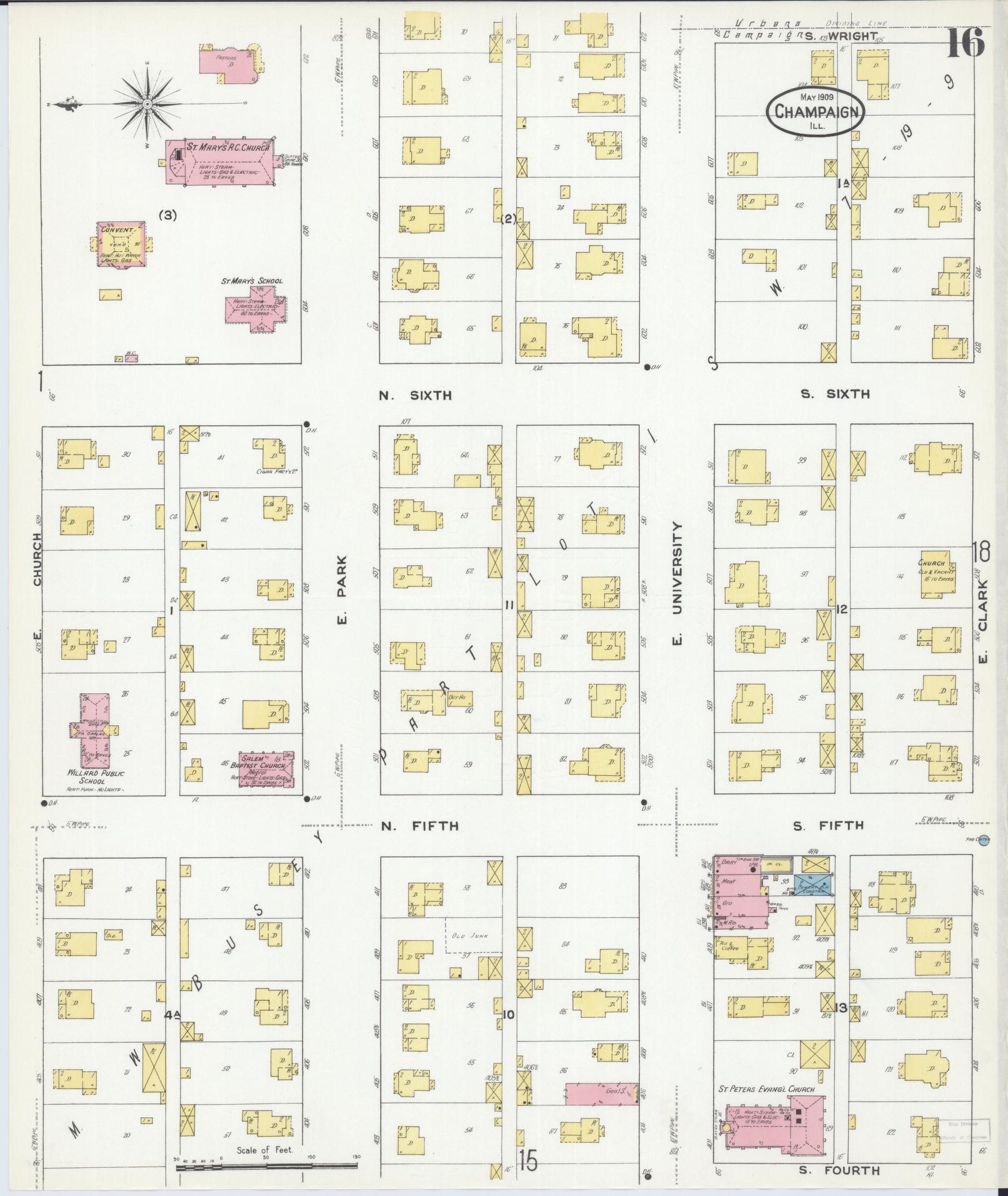 Sanborn Fire Insurance Map from Champaign, Champaign County, Illinois (1909), Sheet #0016 - Historic Sanborn Fire Insurance Map Print, vintage old map wall art, antique decor, genealogy gift, Illinois Illinois map