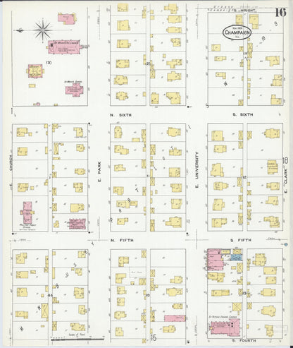 Sanborn Fire Insurance Map from Champaign, Champaign County, Illinois (1909), Sheet #0016 - Historic Sanborn Fire Insurance Map Print, vintage old map wall art, antique decor, genealogy gift, Illinois Illinois map