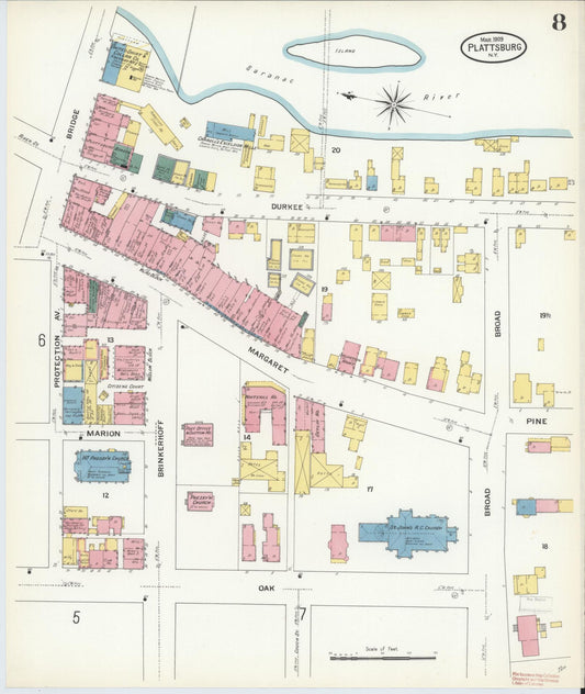 Sanborn Fire Insurance Map from Plattsburg, Clinton County, New York (1909), Sheet #0007 - Historic Sanborn Fire Insurance Map Print, vintage old map wall art, antique decor, genealogy gift, New York New York map