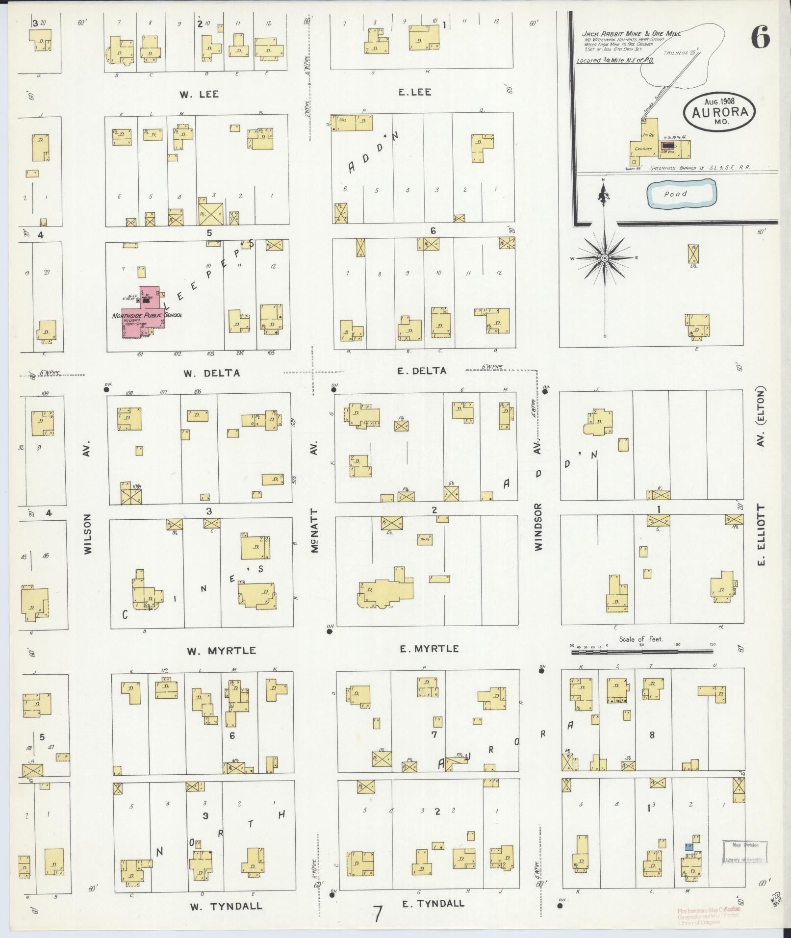 Sanborn Fire Insurance Map from Aurora, Lawrence County, Missouri (1908), Sheet #0006 - Complete Map Set gallery image, historic Sanborn map, vintage wall art, Missouri Missouri