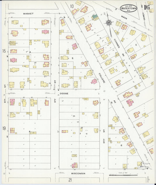 Sanborn Fire Insurance Map from Watertown, Jefferson County, Wisconsin (1909), Sheet #0016 - Historic Sanborn Fire Insurance Map Print, vintage old map wall art, antique decor, genealogy gift, Wisconsin Wisconsin map