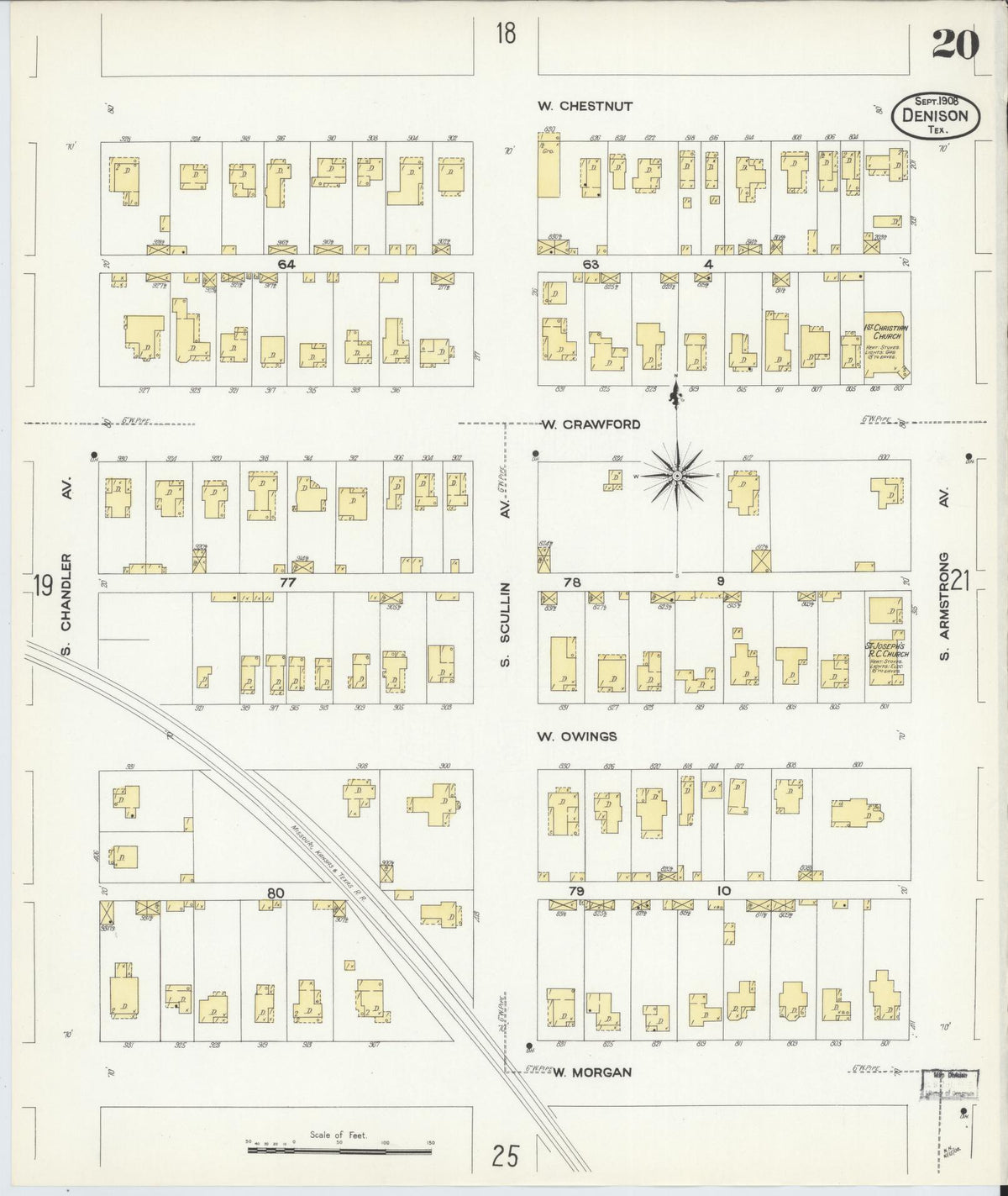 Sanborn Fire Insurance Map from Denison, Grayson County, Texas (1908), Sheet #0020 - Complete Map Set gallery image, historic Sanborn map, vintage wall art, Texas Texas
