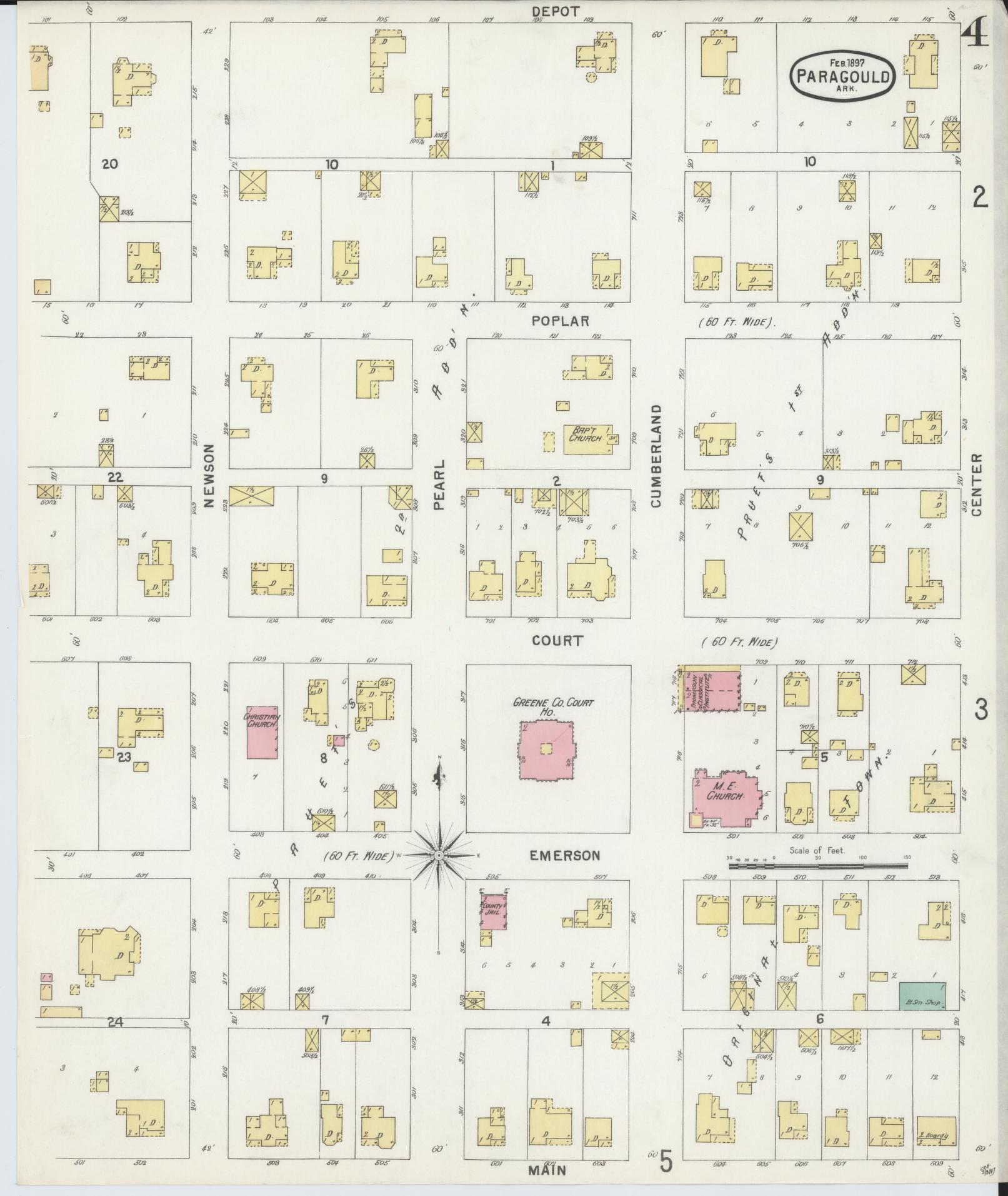 Sanborn Fire Insurance Map from Paragould, Greene County, Arkansas (1897), Sheet #0004 - Historic Sanborn Fire Insurance Map Print, vintage old map wall art, antique decor, genealogy gift, Arkansas Arkansas map