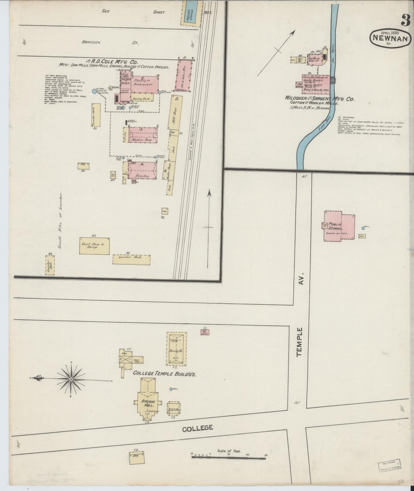 Sanborn Fire Insurance Map from Newnan, Coweta County, Georgia (1889), Sheet #0003 - Historic Sanborn Fire Insurance Map Print, vintage old map wall art, antique decor, genealogy gift, Georgia Georgia map