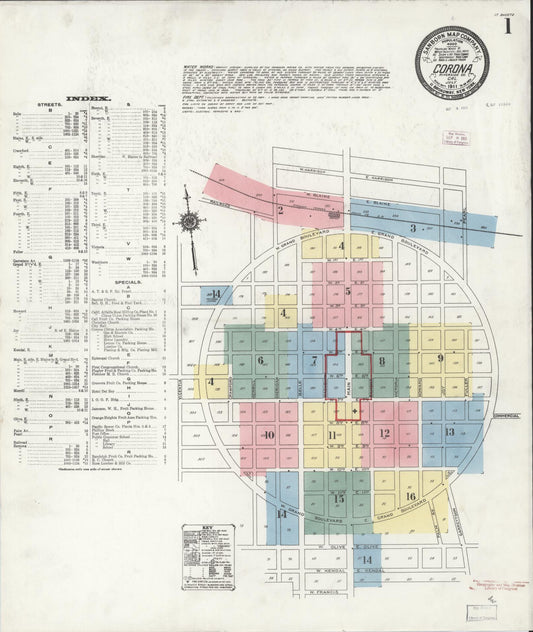 Sanborn Fire Insurance Map from Corona, Riverside County, California (1911), Sheet #0001 - Historic Sanborn Fire Insurance Map Print, vintage old map wall art, antique decor, genealogy gift, California California map