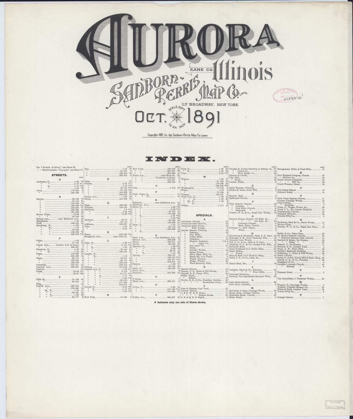 Sanborn Fire Insurance Map from Aurora, Kane County, Illinois (1891), Sheet #0001 - Historic Sanborn Fire Insurance Map Print, vintage old map wall art, antique decor, genealogy gift, Illinois Illinois map