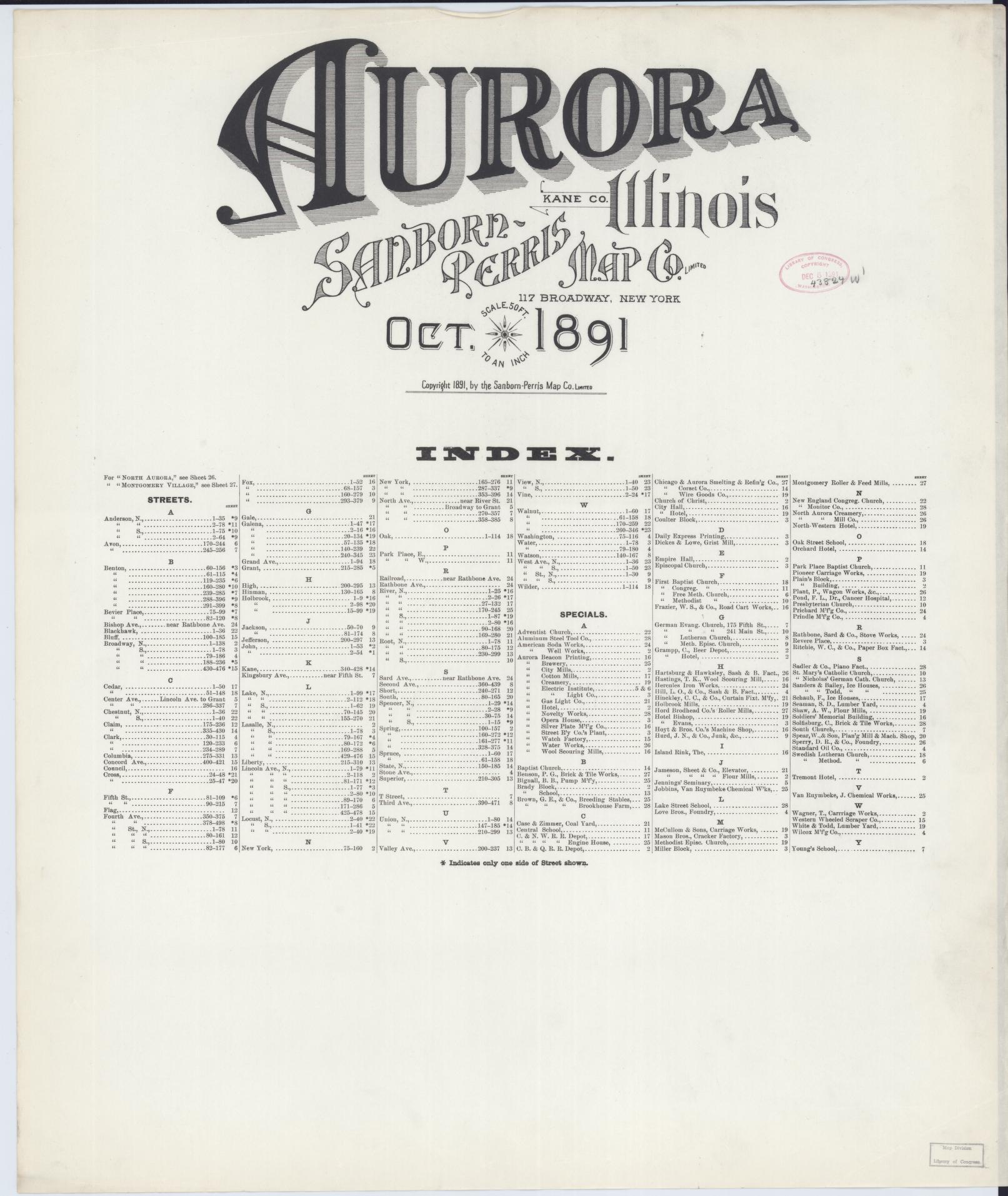 Sanborn Fire Insurance Map from Aurora, Kane County, Illinois (1891), Sheet #0001 - Historic Sanborn Fire Insurance Map Print, vintage old map wall art, antique decor, genealogy gift, Illinois Illinois map
