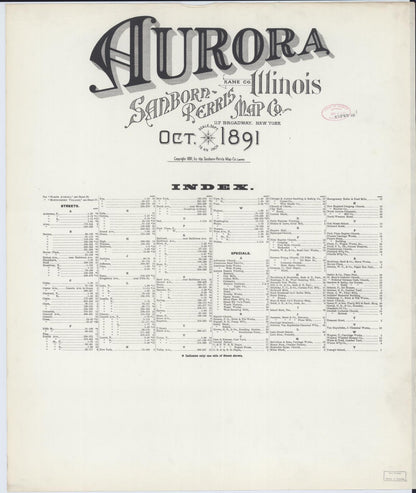 Sanborn Fire Insurance Map from Aurora, Kane County, Illinois (1891), Sheet #0001 - Historic Sanborn Fire Insurance Map Print, vintage old map wall art, antique decor, genealogy gift, Illinois Illinois map