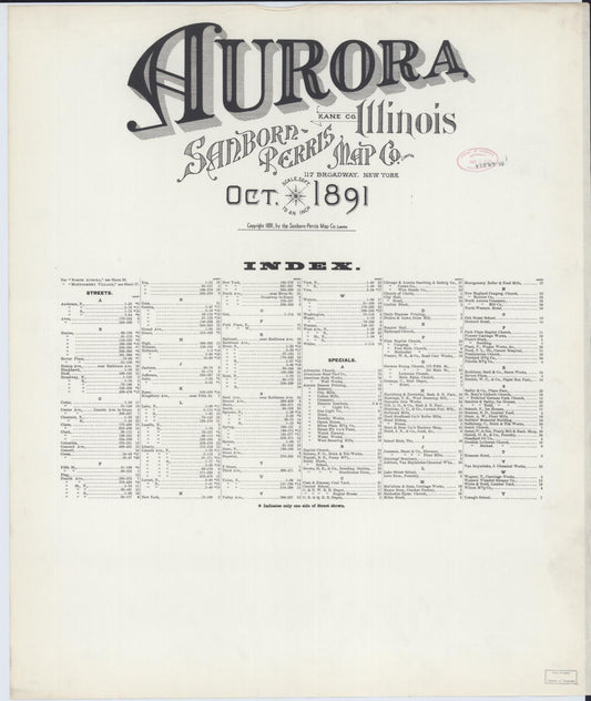 Sanborn Fire Insurance Map from Aurora, Kane County, Illinois (1891), Sheet #0001 - Historic Sanborn Fire Insurance Map Print, vintage old map wall art, antique decor, genealogy gift, Illinois Illinois map