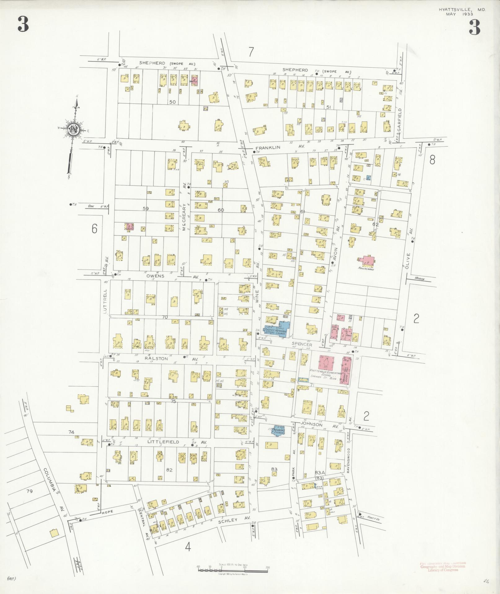Sanborn Fire Insurance Map from Hyattsville, Prince Georges County, Maryland (1933), Sheet #0003 - Historic Sanborn Fire Insurance Map Print, vintage old map wall art