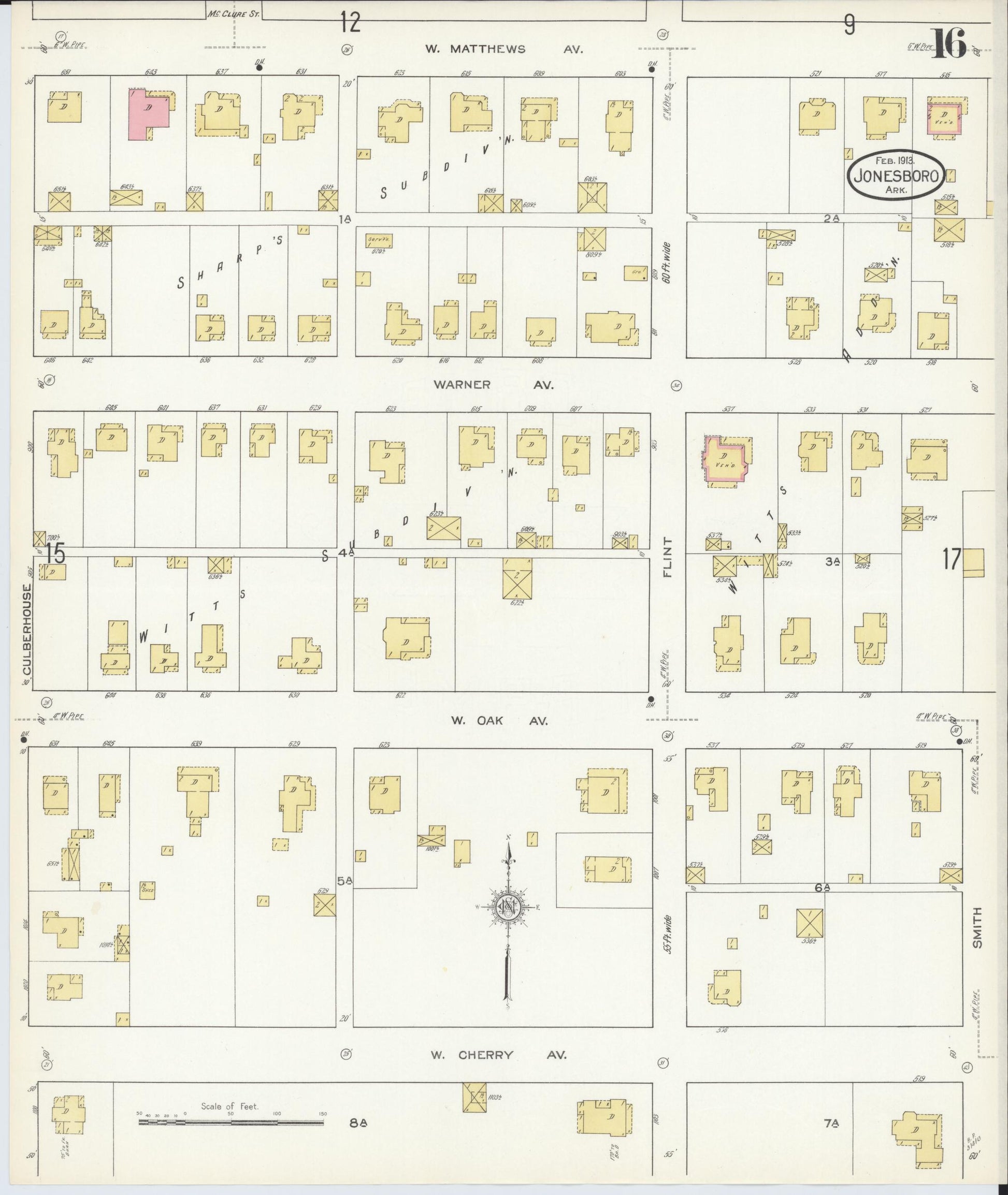 Sanborn Fire Insurance Map from Jonesboro, Craighead County, Arkansas (1913), Sheet #0016 - Complete Map Set gallery image, historic Sanborn map, vintage wall art, Arkansas Arkansas