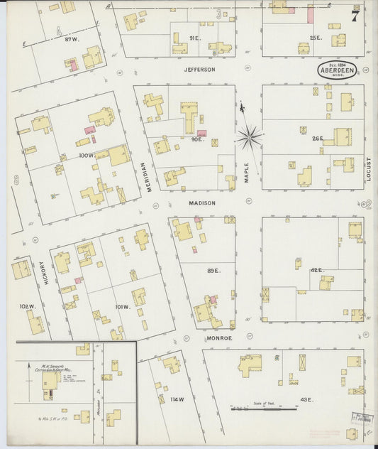Sanborn Fire Insurance Map from Aberdeen, Monroe County, Mississippi (1894), Sheet #0007 - Historic Sanborn Fire Insurance Map Print, vintage old map wall art, antique decor, genealogy gift, Mississippi Mississippi map