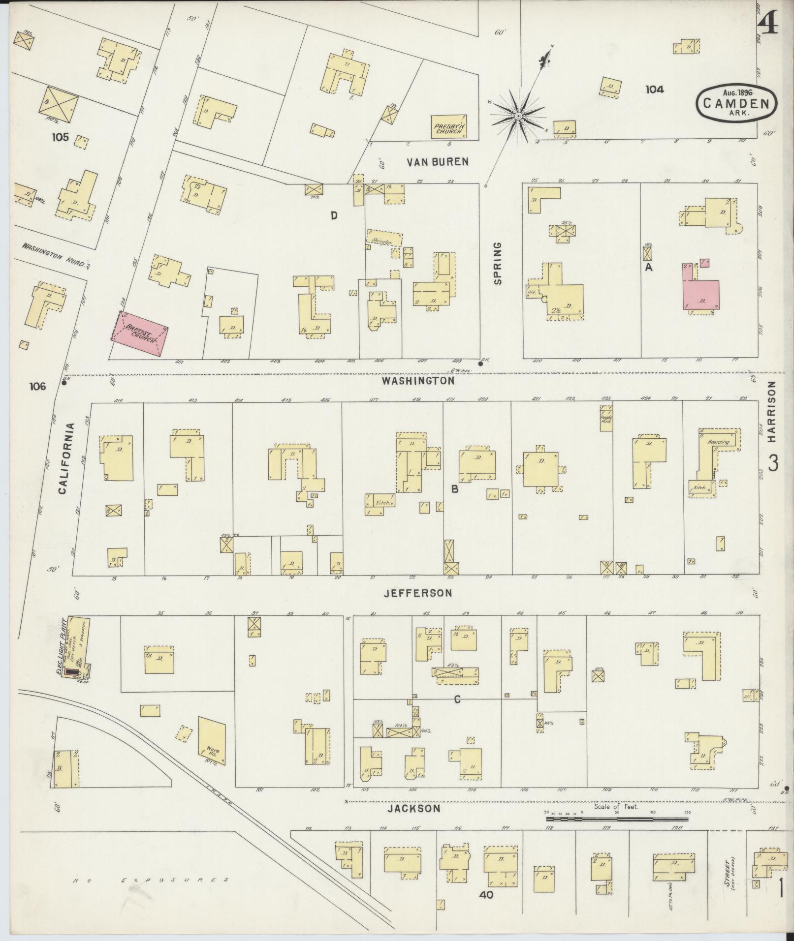 Sanborn Fire Insurance Map from Camden, Ouachita County, Arkansas (1896), Sheet #0004 - Complete Map Set gallery image, historic Sanborn map, vintage wall art, Arkansas Arkansas