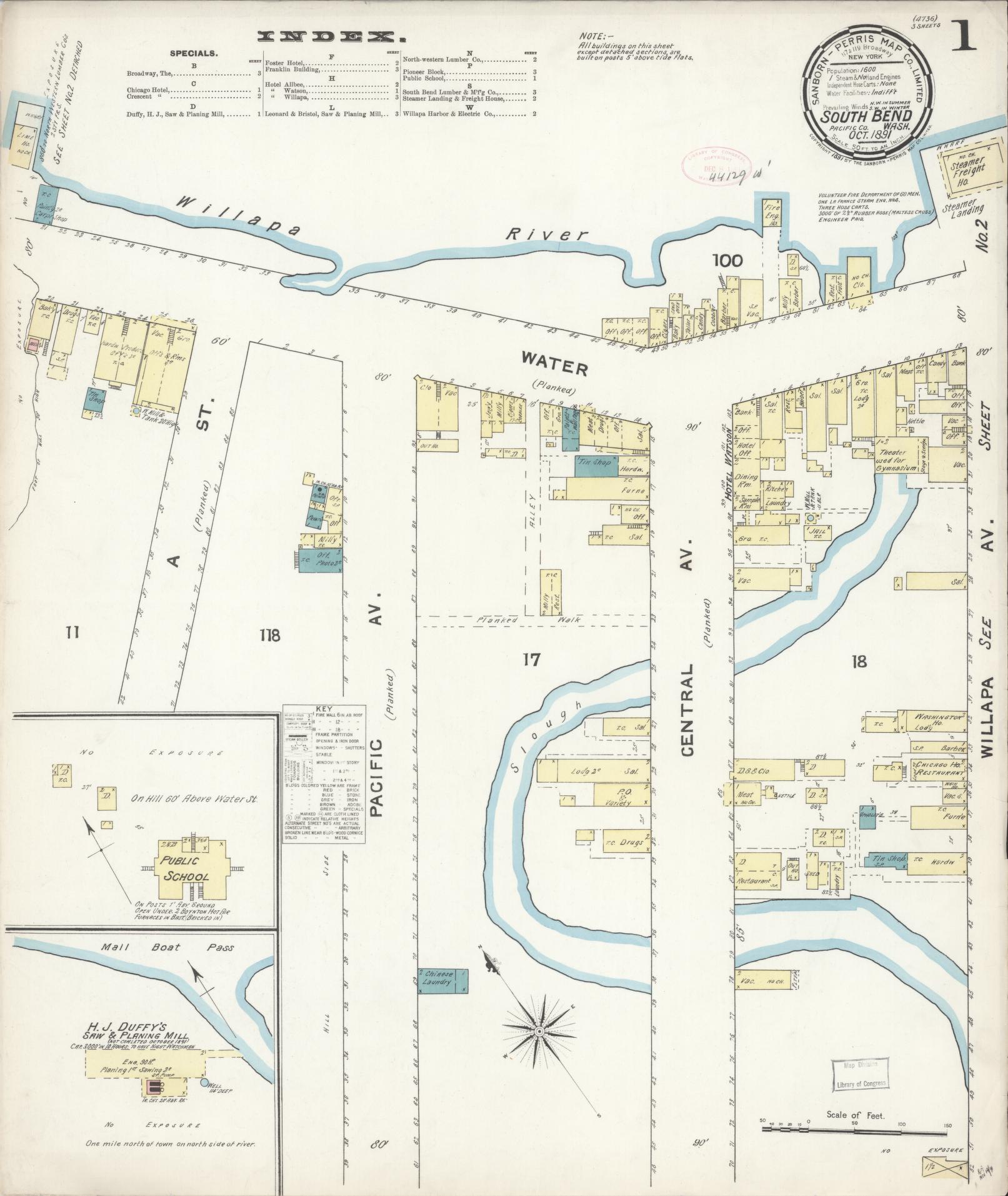 Sanborn Fire Insurance Map from South Bend, Pacific County, Washington (1891), Sheet #0001 - Historic Sanborn Fire Insurance Map Print, vintage old map wall art, antique decor, genealogy gift, Washington Washington map