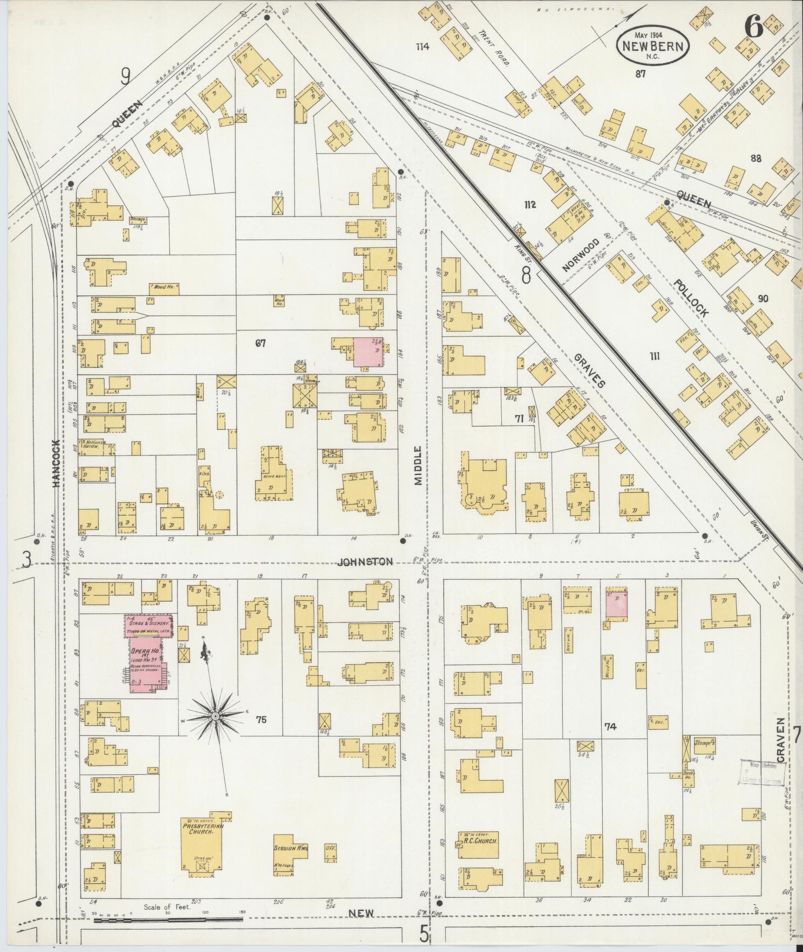 Sanborn Fire Insurance Map from New Bern, Craven County, North Carolina (1904), Sheet #0006 - Complete Map Set gallery image, historic Sanborn map, vintage wall art, North Carolina North Carolina