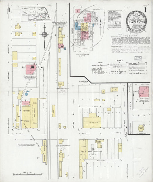 Sanborn Fire Insurance Map from Clay Center, Clay County, Nebraska (1927), Sheet #0001 - Historic Sanborn Fire Insurance Map Print, vintage old map wall art, antique decor, genealogy gift, Nebraska Nebraska map