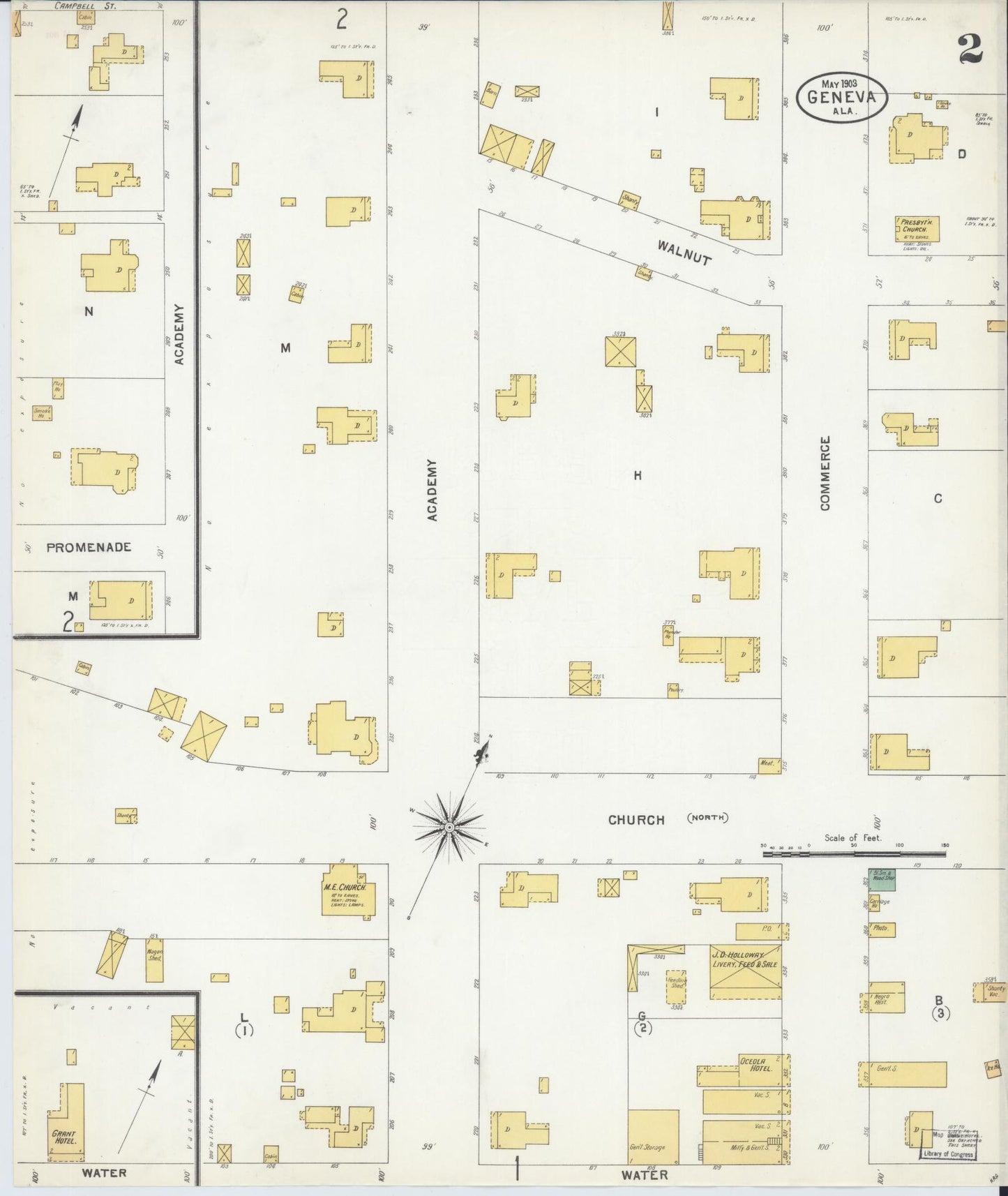 Sanborn Fire Insurance Map from Geneva, Geneva County, Alabama (1903), Sheet #0002 - Historic Sanborn Fire Insurance Map Print, vintage old map wall art, antique decor, genealogy gift, Alabama Alabama map