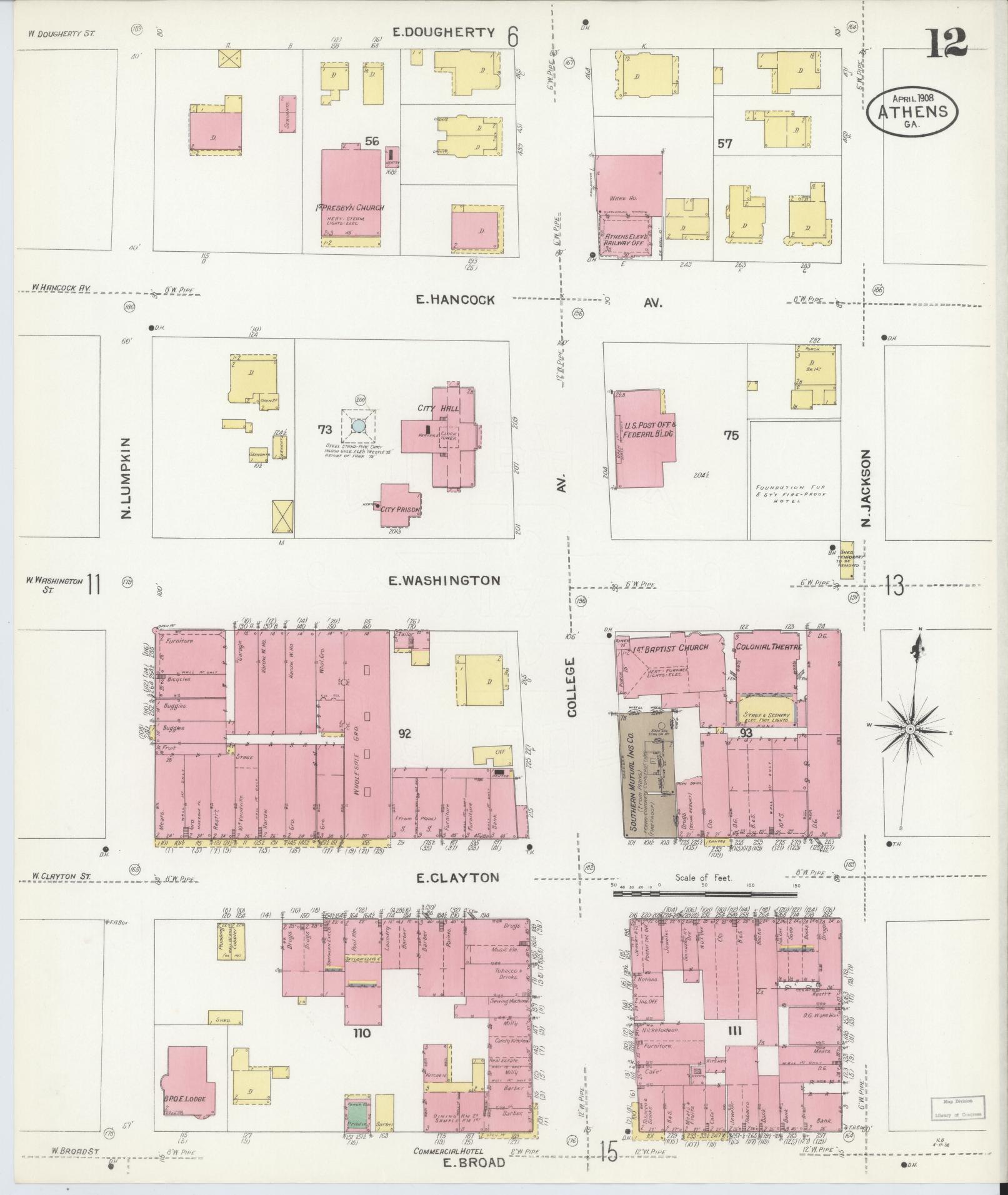 Sanborn Fire Insurance Map from Athens, Clarke County, Georgia (1908), Sheet #0012 - Complete Map Set gallery image, historic Sanborn map, vintage wall art, Georgia Georgia