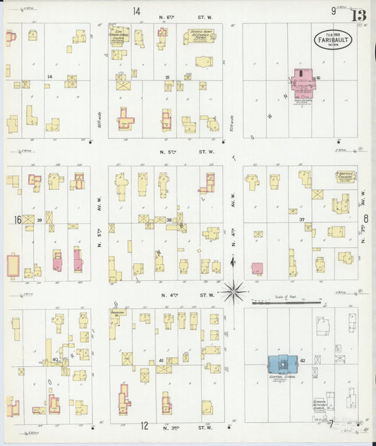 Sanborn Fire Insurance Map from Faribault, Rice County, Minnesota (1909), Sheet #0013 - Historic Sanborn Fire Insurance Map Print, vintage old map wall art, antique decor, genealogy gift, Minnesota Minnesota map
