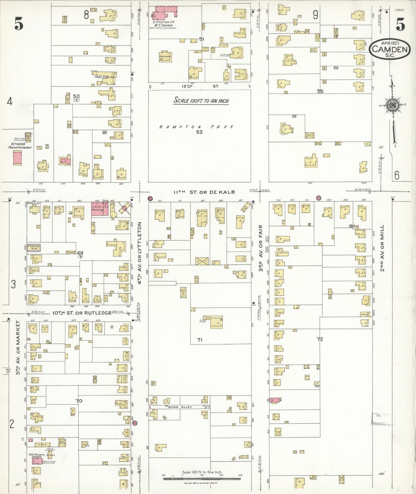 Sanborn Fire Insurance Map from Camden, Kershaw County, South Carolina (1923), Sheet #0005 - Complete Map Set gallery image, historic Sanborn map, vintage wall art, South Carolina South Carolina