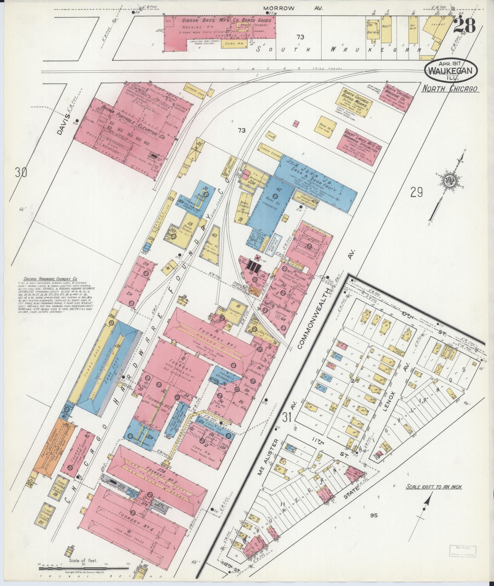 Sanborn Fire Insurance Map from Waukegan, Lake County, Illinois (1917), Sheet #0028 - Complete Map Set gallery image, historic Sanborn map, vintage wall art, Illinois Illinois
