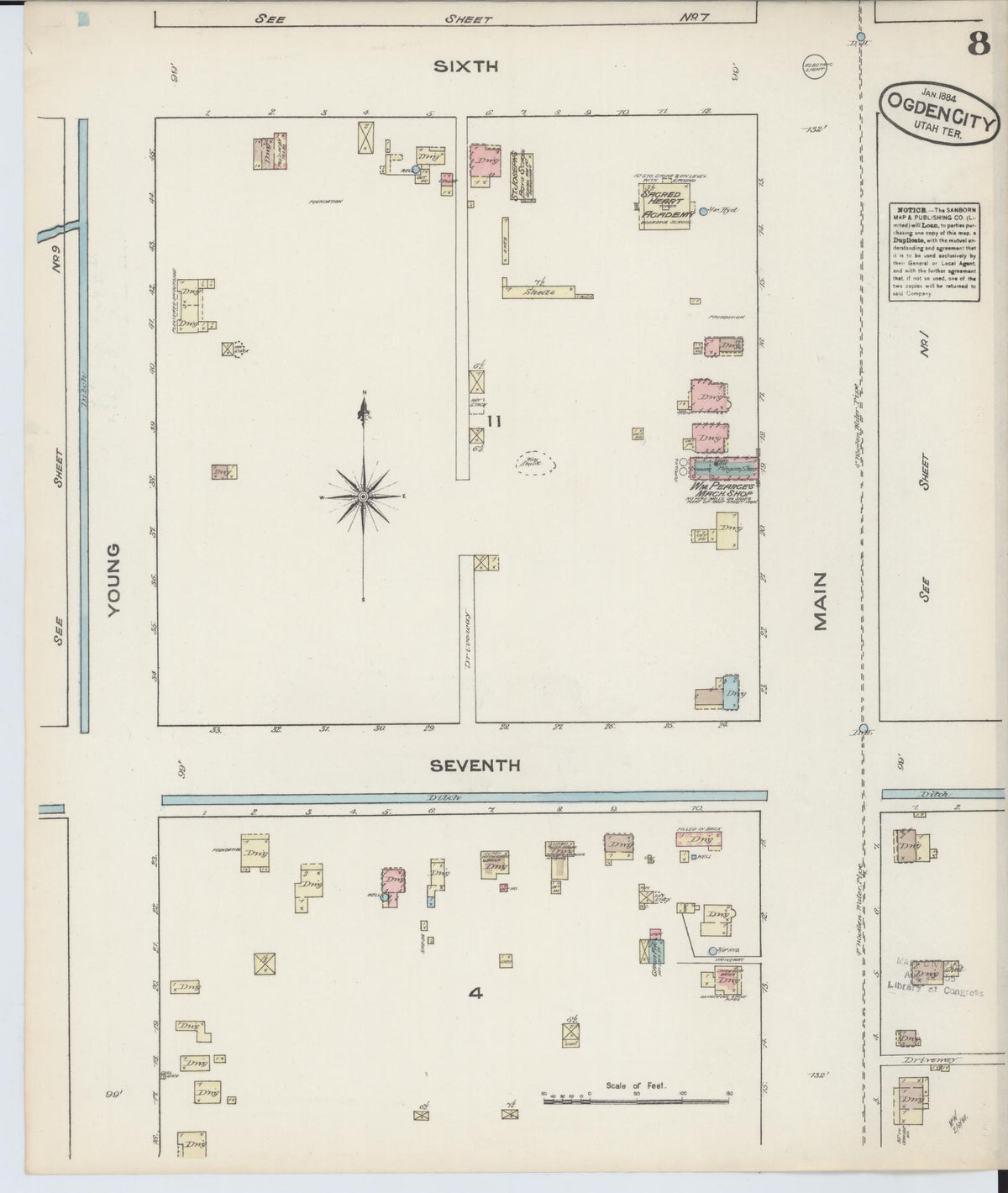 Sanborn Fire Insurance Map from Ogden, Weber County, Utah (1884), Sheet #0008 - Historic Sanborn Fire Insurance Map Print, vintage old map wall art, antique decor, genealogy gift, Utah Utah map