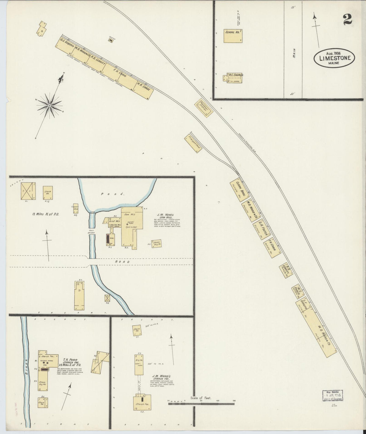 Sanborn Fire Insurance Map from Limestone, Aroostook County, Maine (1908), Sheet #0002 - Complete Map Set gallery image, historic Sanborn map, vintage wall art, Maine Maine