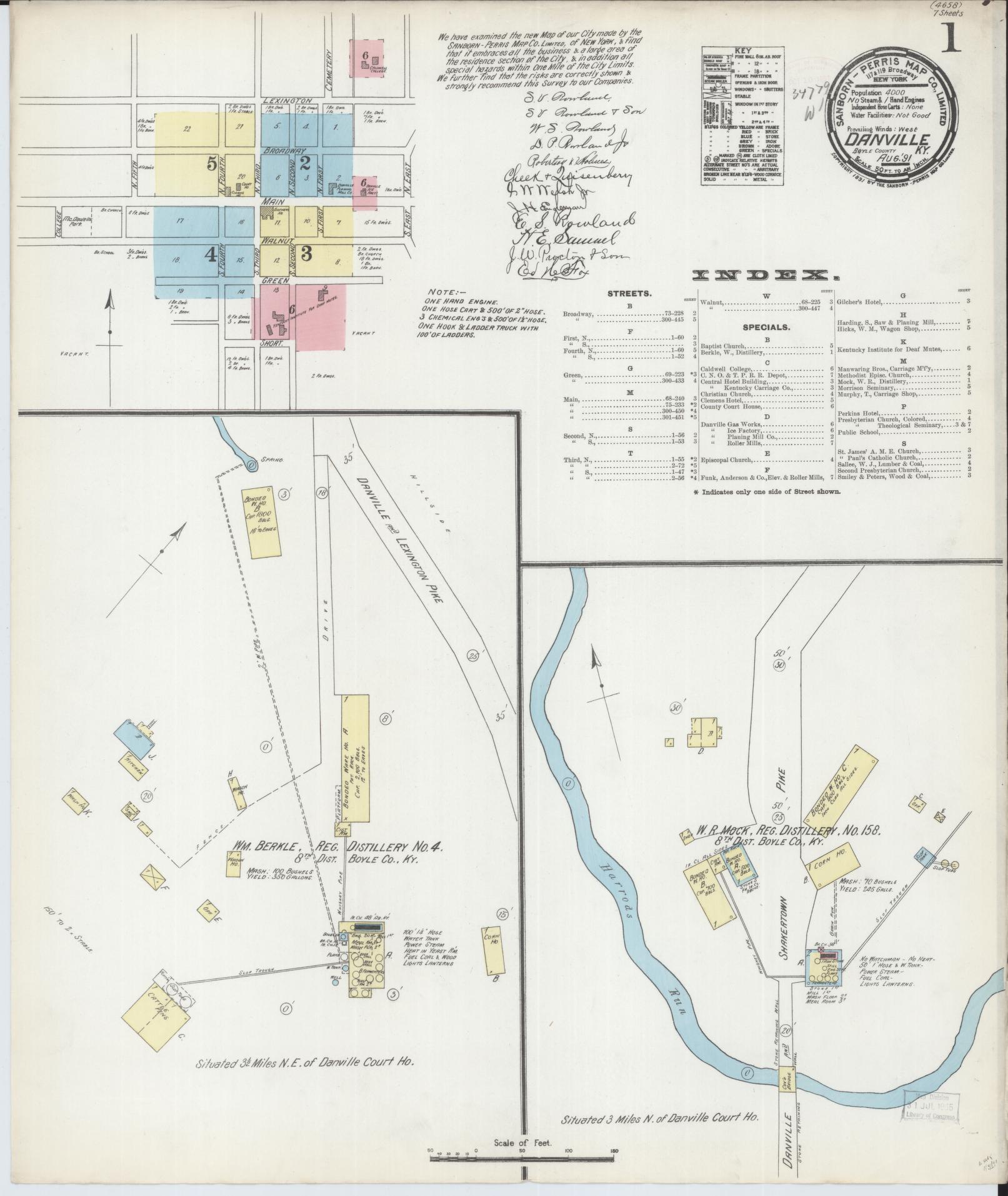 Sanborn Fire Insurance Map from Danville, Boyle County, Kentucky (1891), Sheet #0001 - Historic Sanborn Fire Insurance Map Print, vintage old map wall art, antique decor, genealogy gift, Kentucky Kentucky map