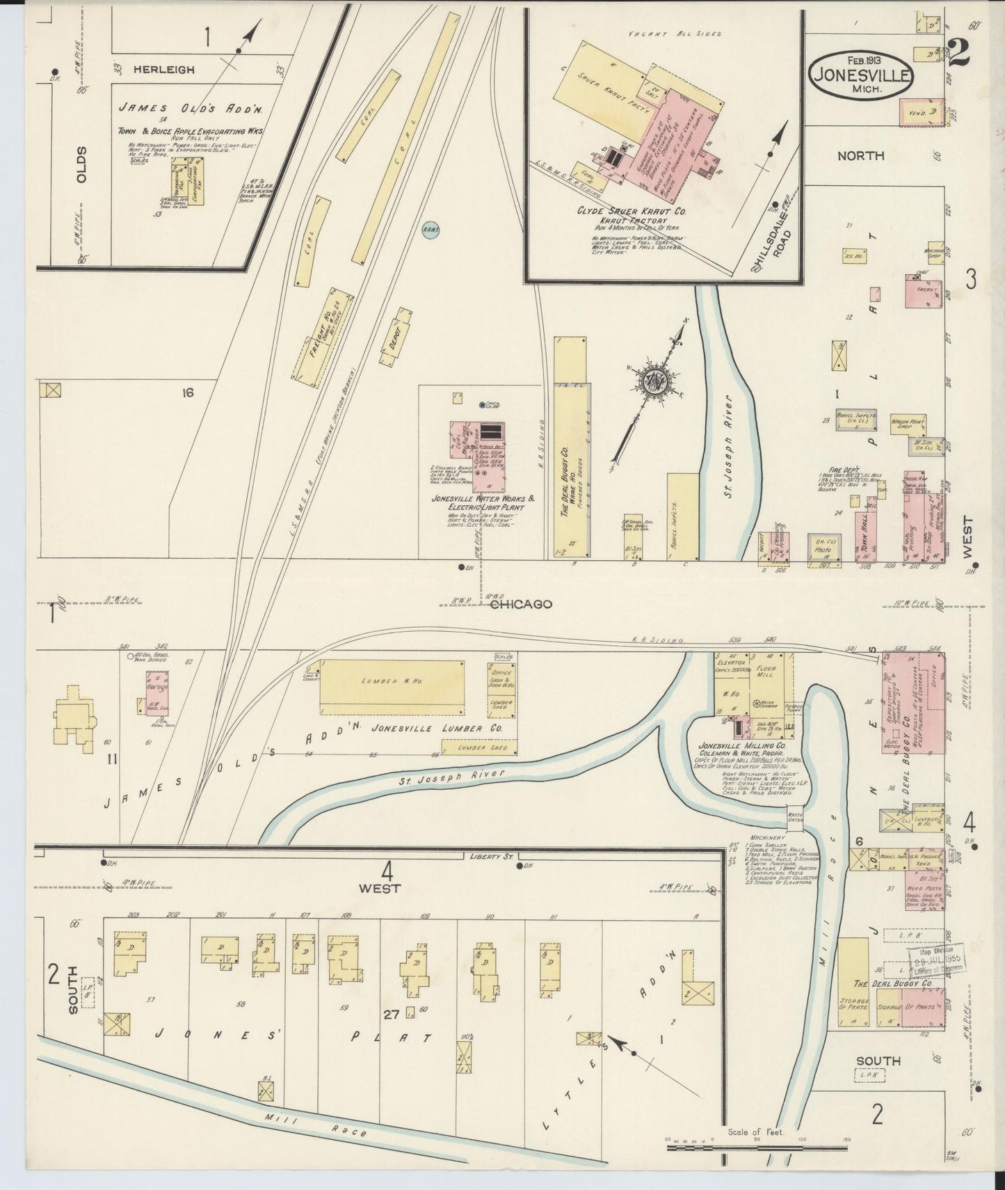 Sanborn Fire Insurance Map from Jonesville, Hillsdale County, Michigan (1913), Sheet #0002 - Complete Map Set gallery image, historic Sanborn map, vintage wall art, Michigan Michigan