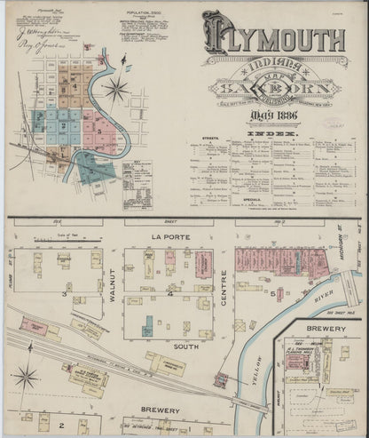 Sanborn Fire Insurance Map from Plymouth, Marhshall County, Indiana (1886), Sheet #0001 - Historic Sanborn Fire Insurance Map Print, vintage old map wall art, antique decor, genealogy gift, Indiana Indiana map