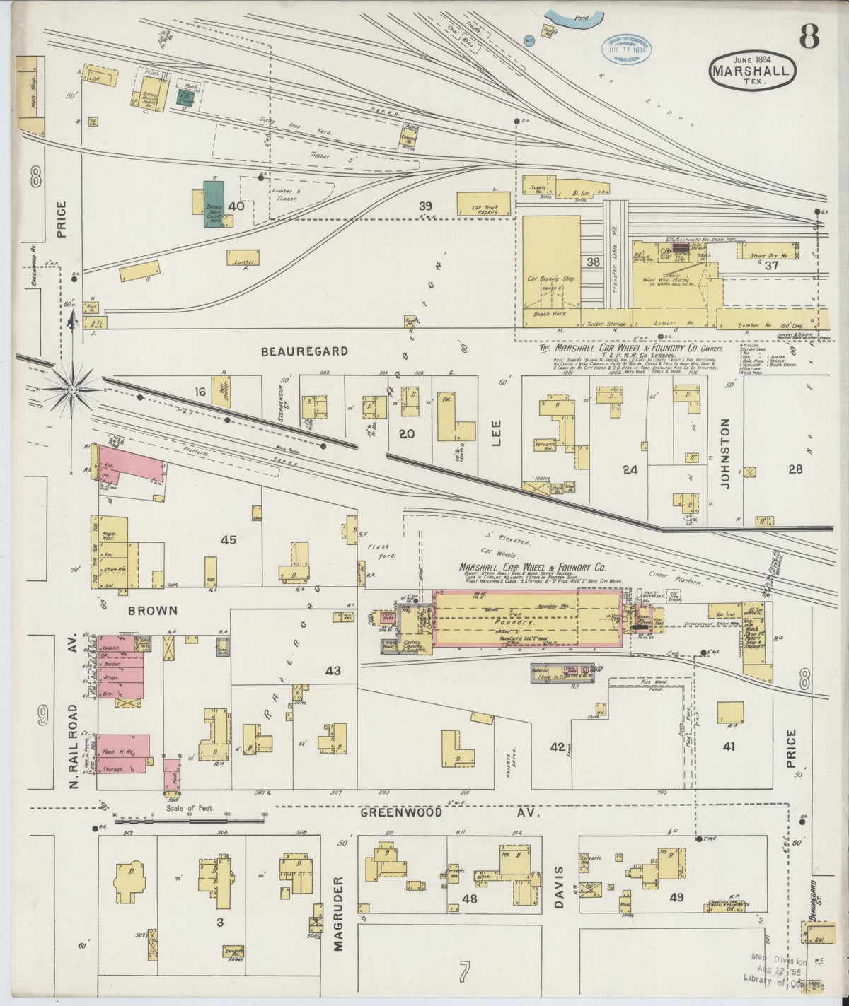 Sanborn Fire Insurance Map from Marshall, Harrison County, Texas (1894), Sheet #0008 - Historic Sanborn Fire Insurance Map Print, vintage old map wall art, antique decor, genealogy gift, Texas Texas map