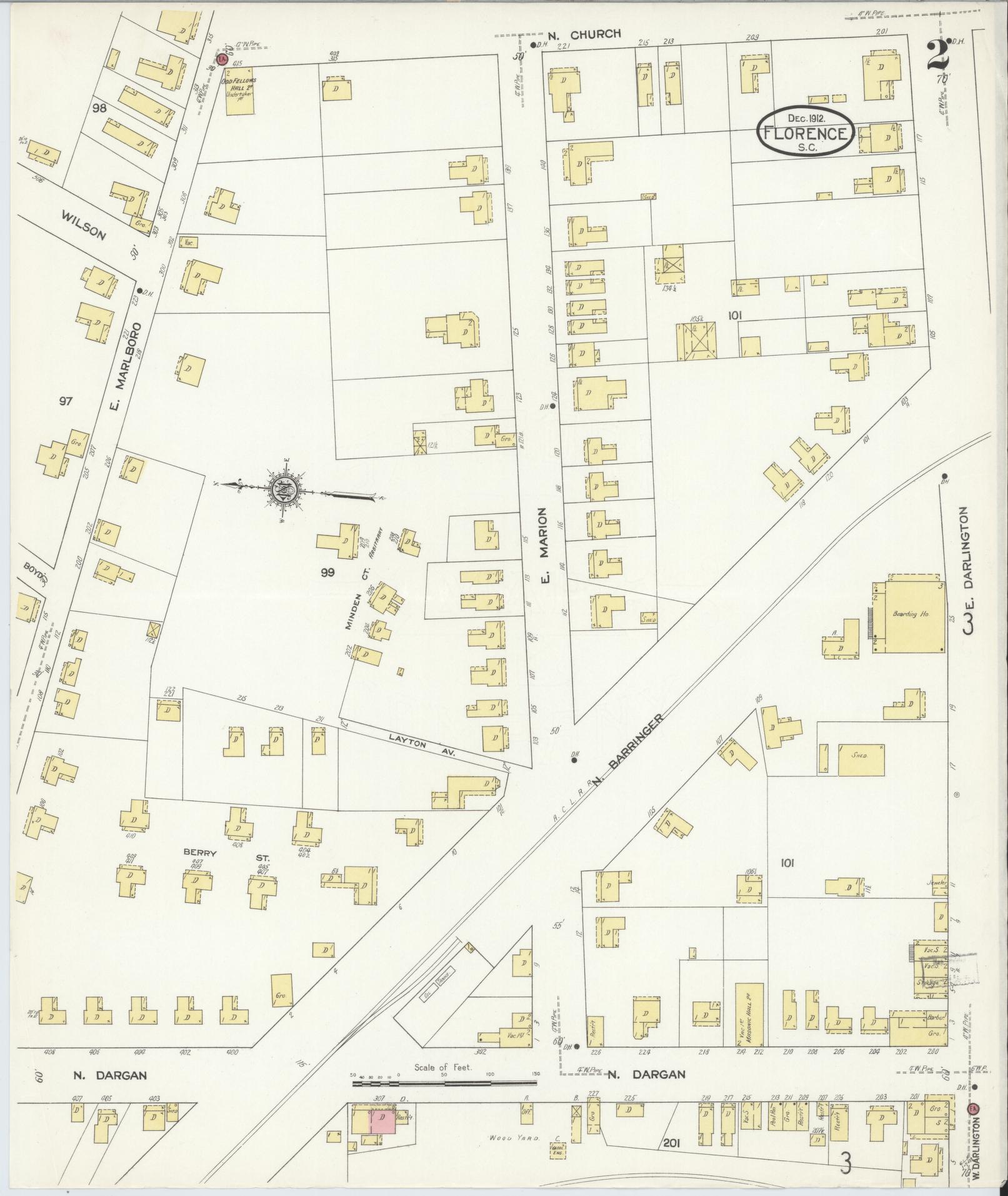 Sanborn Fire Insurance Map from Florence, Florence County, South Carolina (1912), Sheet #0002 - Historic Sanborn Fire Insurance Map Print, vintage old map wall art, antique decor, genealogy gift, South Carolina South Carolina map