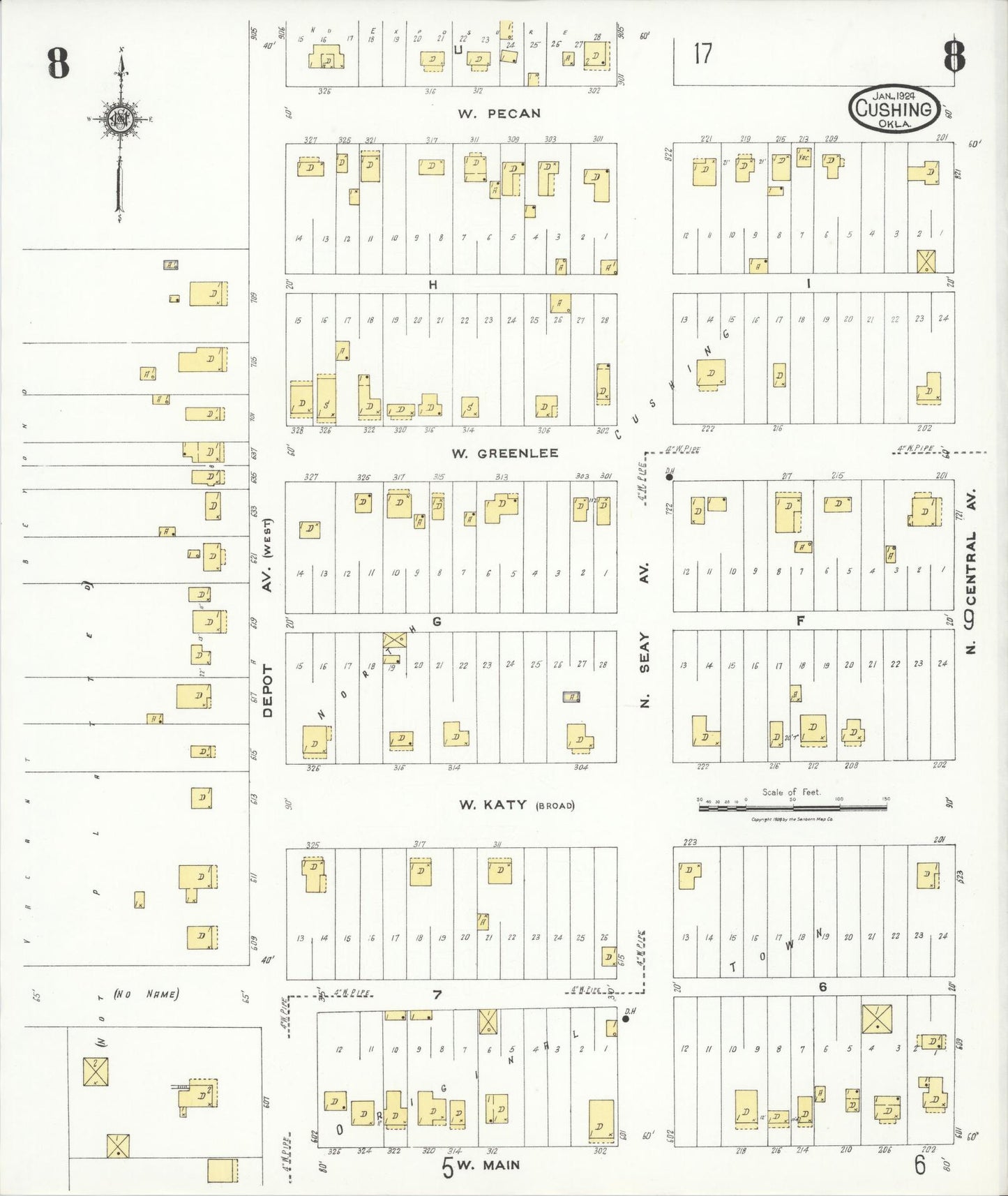 Sanborn Fire Insurance Map from Cushing, Payne County, Oklahoma (1924), Sheet #0008 - Complete Map Set gallery image, historic Sanborn map, vintage wall art, Oklahoma Oklahoma