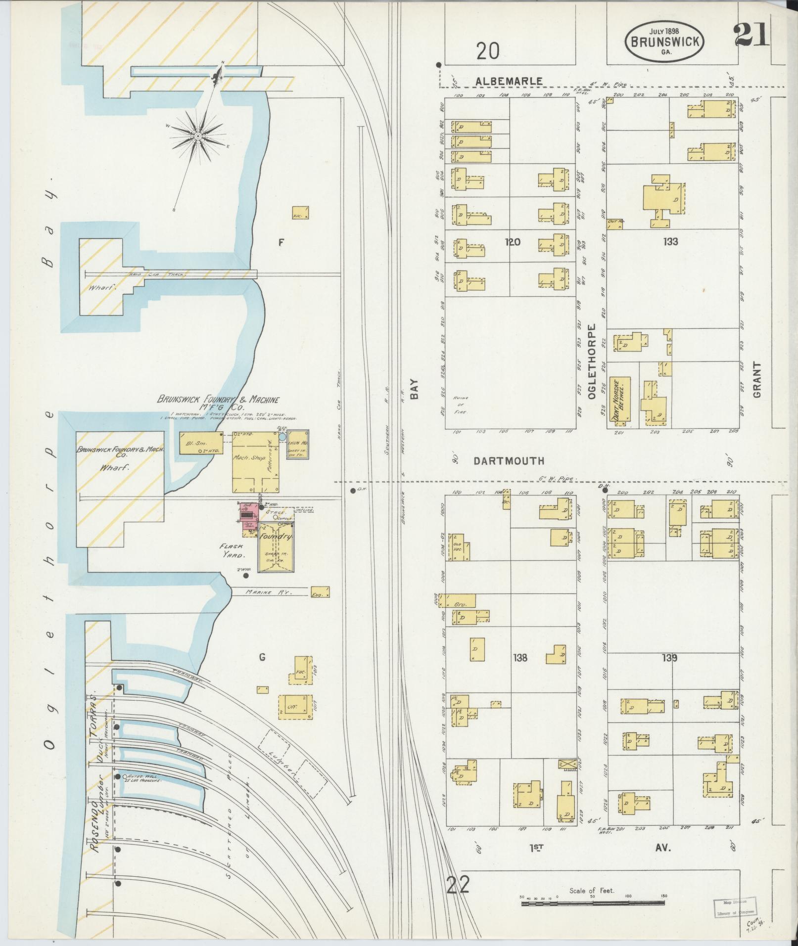 Sanborn Fire Insurance Map from Brunswick, Glynn County, Georgia (1898), Sheet #0021 - Complete Map Set gallery image, historic Sanborn map, vintage wall art, Georgia Georgia