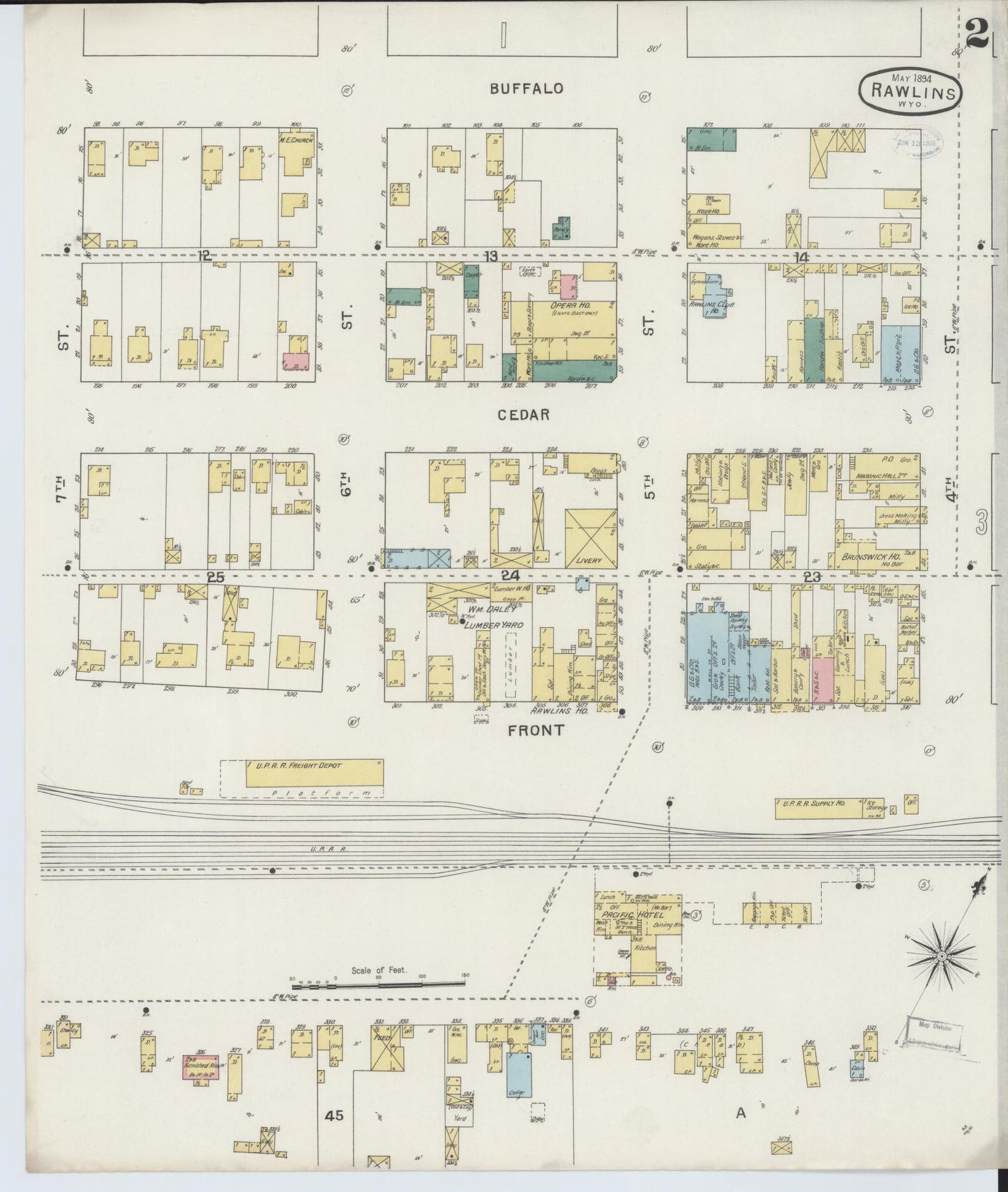 Sanborn Fire Insurance Map from Rawlins, Carbon County, Wyoming (1894), Sheet #0002 - Complete Map Set gallery image, historic Sanborn map, vintage wall art, Wyoming Wyoming