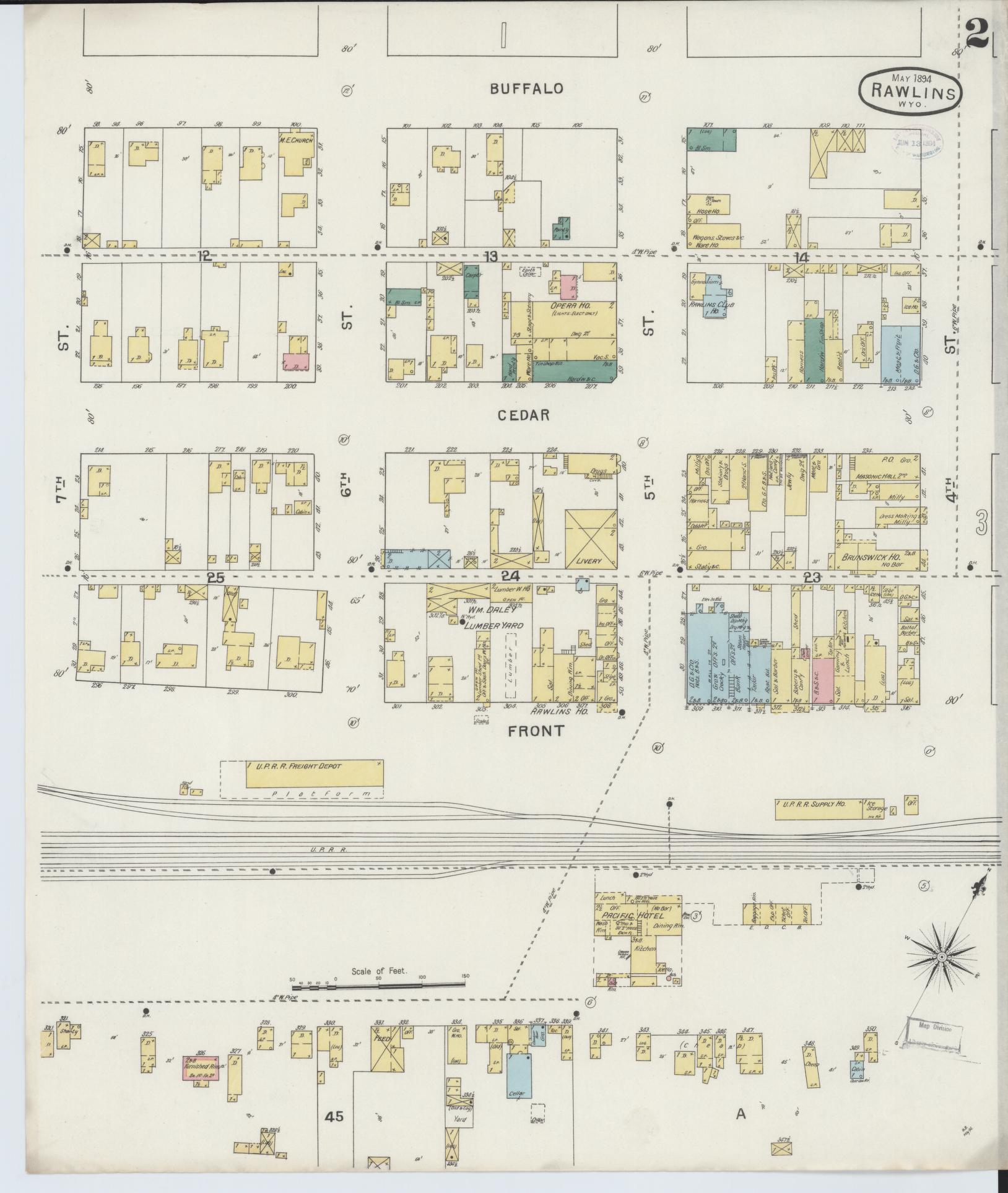 Sanborn Fire Insurance Map from Rawlins, Carbon County, Wyoming (1894), Sheet #0002 - Complete Map Set gallery image, historic Sanborn map, vintage wall art, Wyoming Wyoming