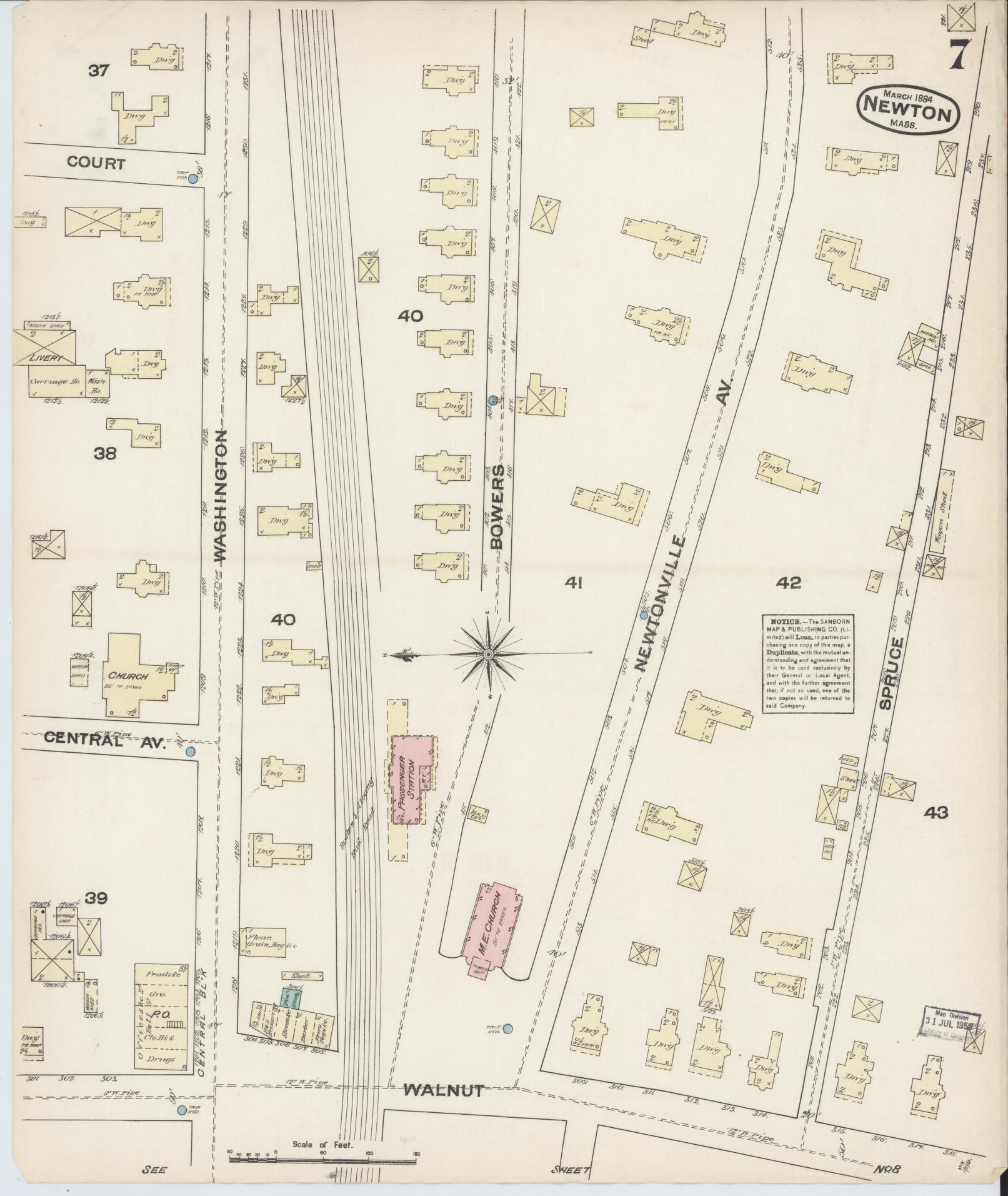 Sanborn Fire Insurance Map from Newton, Middlesex County, Massachusetts (1884), Sheet #0007 - Complete Map Set gallery image, historic Sanborn map, vintage wall art, Massachusetts Massachusetts