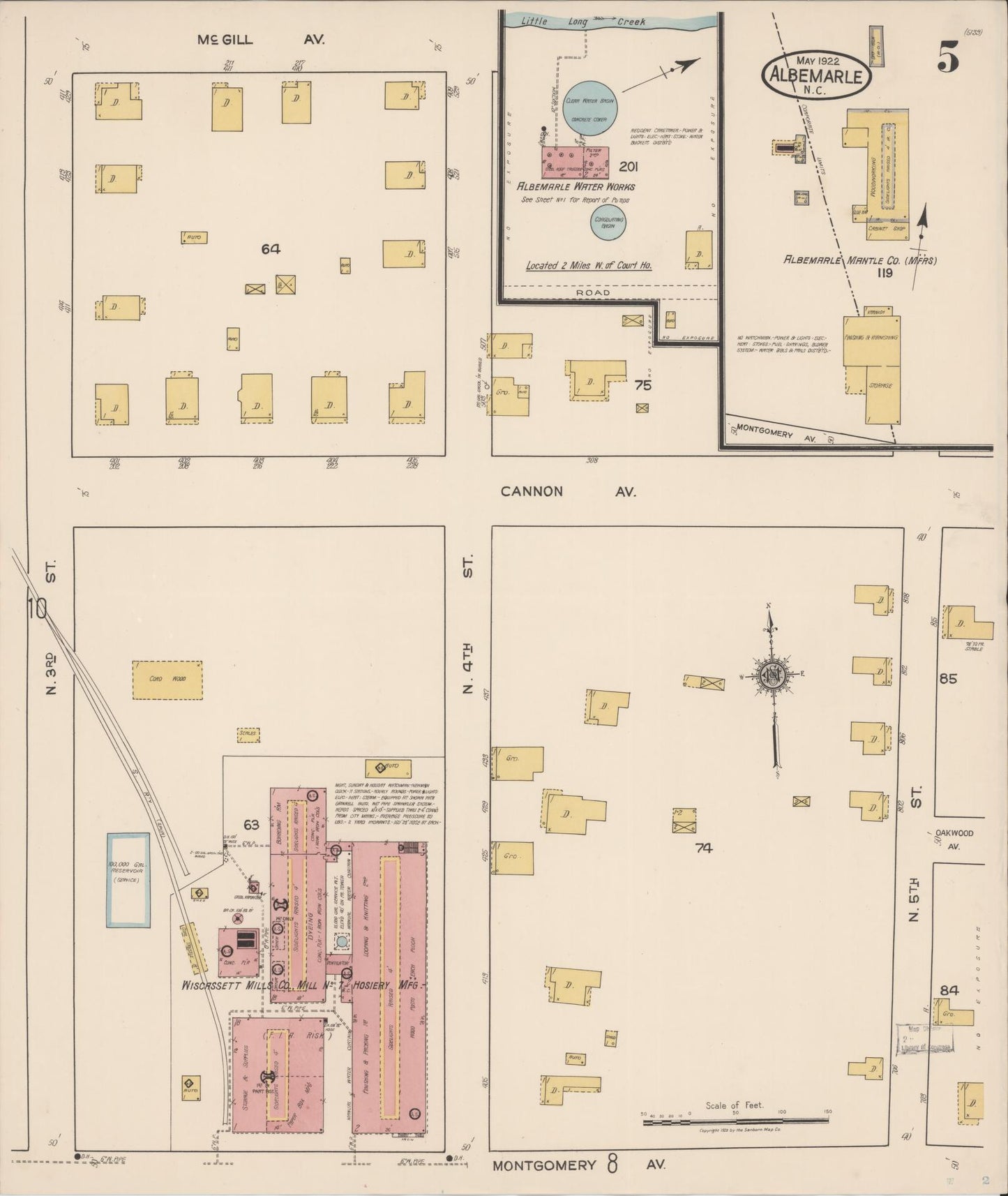 Sanborn Fire Insurance Map from Albemarle, Stanley County, North Carolina (1922), Sheet #0005 - Complete Map Set gallery image, historic Sanborn map, vintage wall art, North Carolina North Carolina