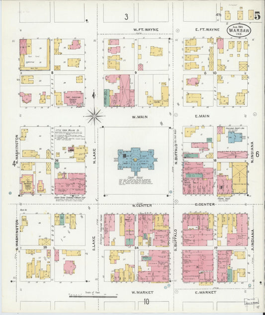 Sanborn Fire Insurance Map from Warsaw, Kosciusko County, Indiana (1905), Sheet #0005 - Historic Sanborn Fire Insurance Map Print, vintage old map wall art, antique decor, genealogy gift, Indiana Indiana map