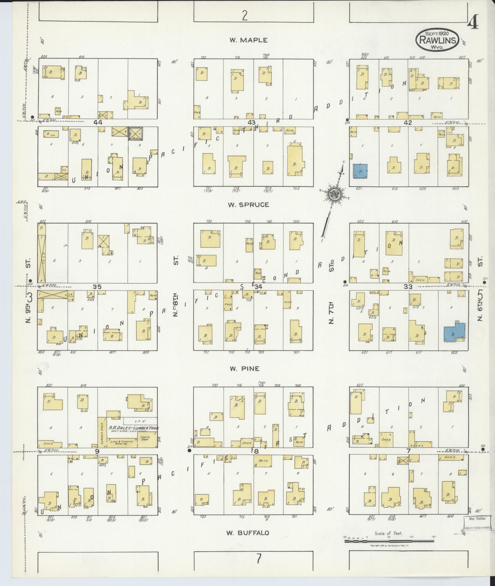 Sanborn Fire Insurance Map from Rawlins, Carbon County, Wyoming (1920), Sheet #0004 - Complete Map Set gallery image, historic Sanborn map, vintage wall art, Wyoming Wyoming